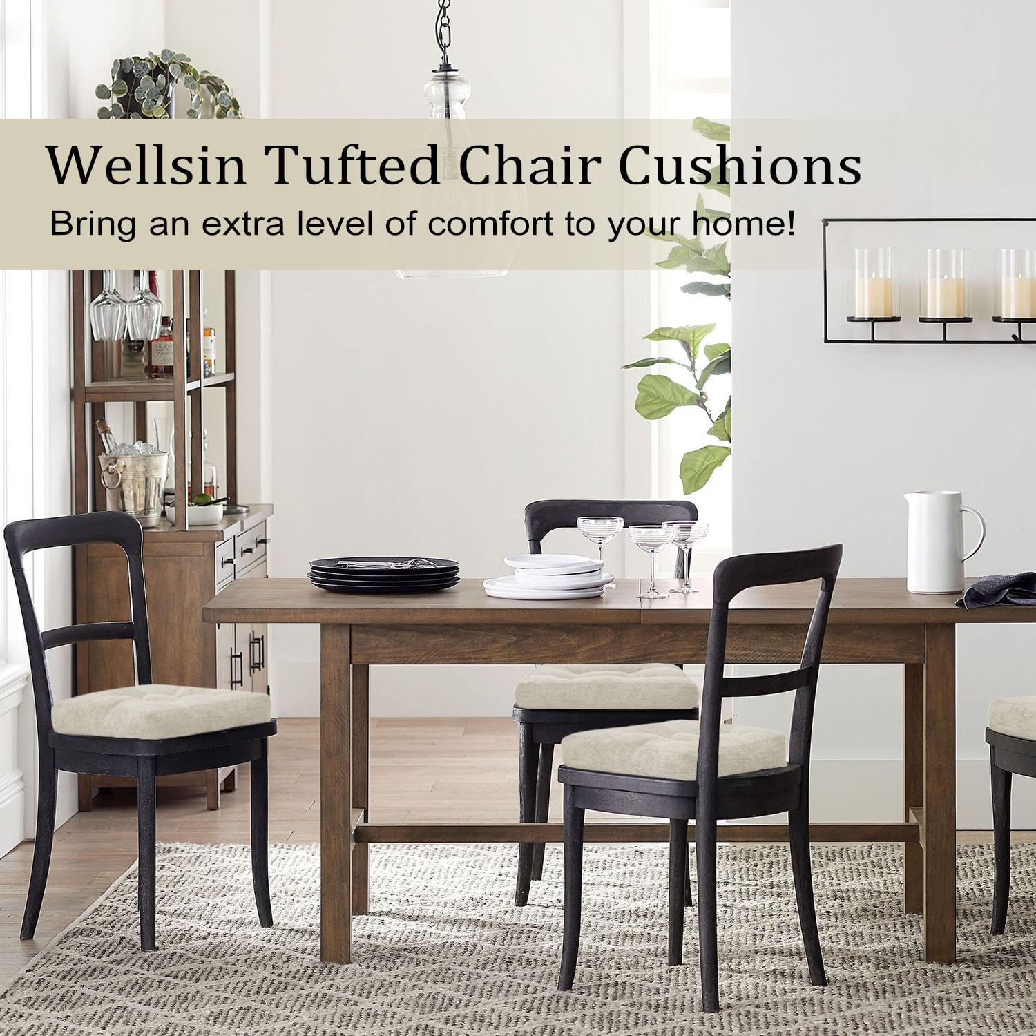 Premium Tufted Dining Chair Cushions Set of 4 - Non-Slip Kitchen Chair Pads 16x16 Inch Beige - Comfortable Seat Cushions for Dining Room, Breakfast Nook, and Kitchen Table