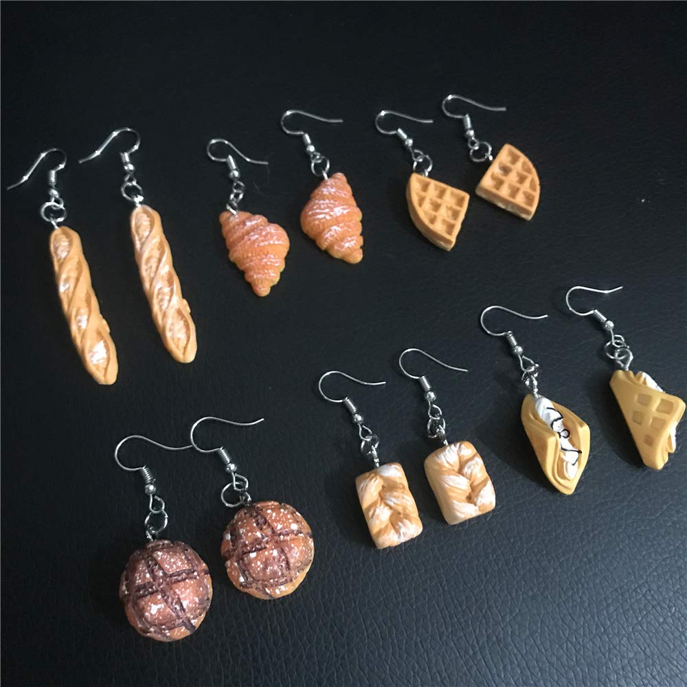 DAMLENG 6 Pairs Handmade Croissant French Bread Toast Drop Earrings - Cute Unique Baguette Dangle Earrings Set for Women - Yellow Food Simulation Jewelry - Perfect for Cosplay, Gift Giving & Fashion Accessories