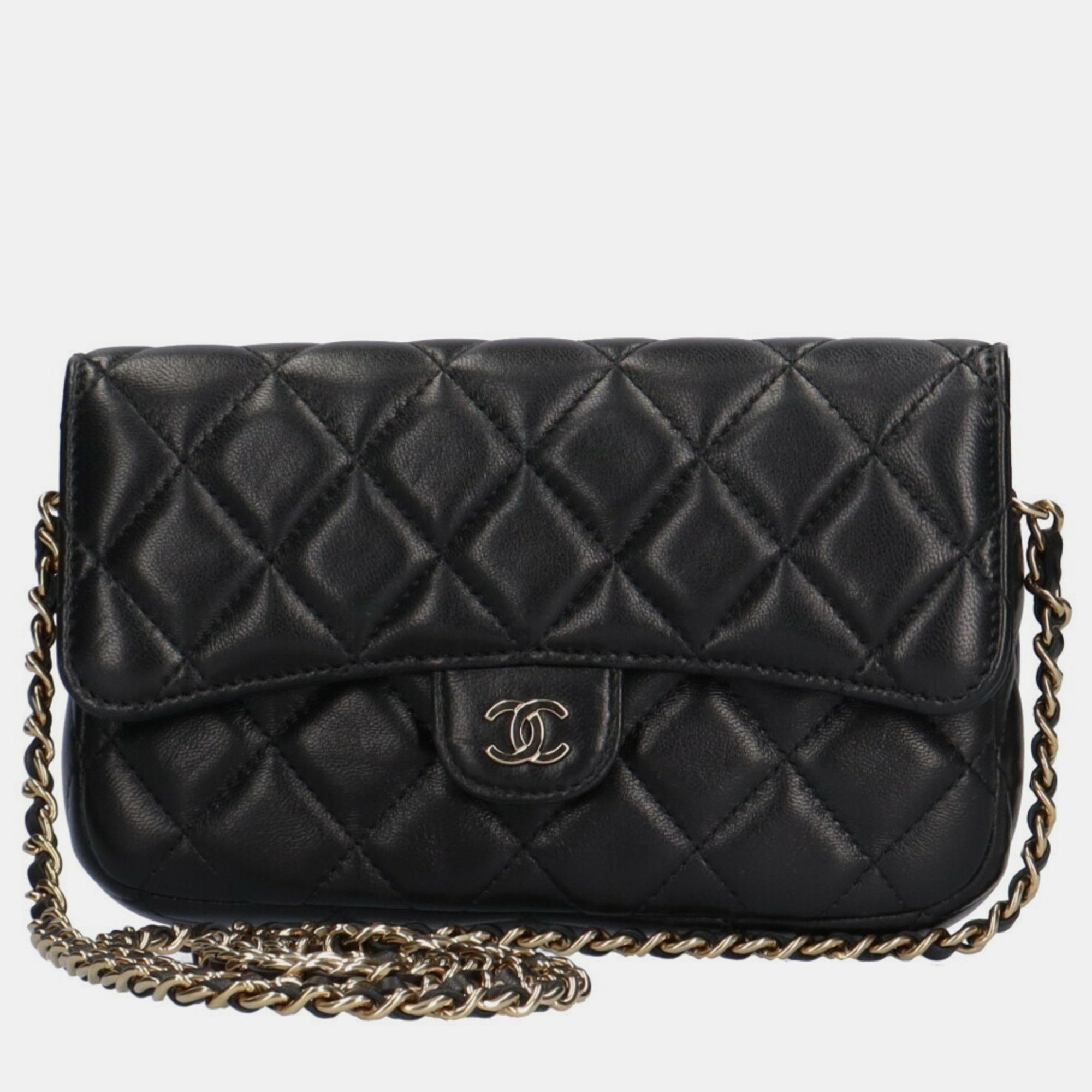 Luxury Black Caviar Quilted Crossbody Phone Holder with Gold Chain - Perfect for Parties, Shopping & Everyday Use