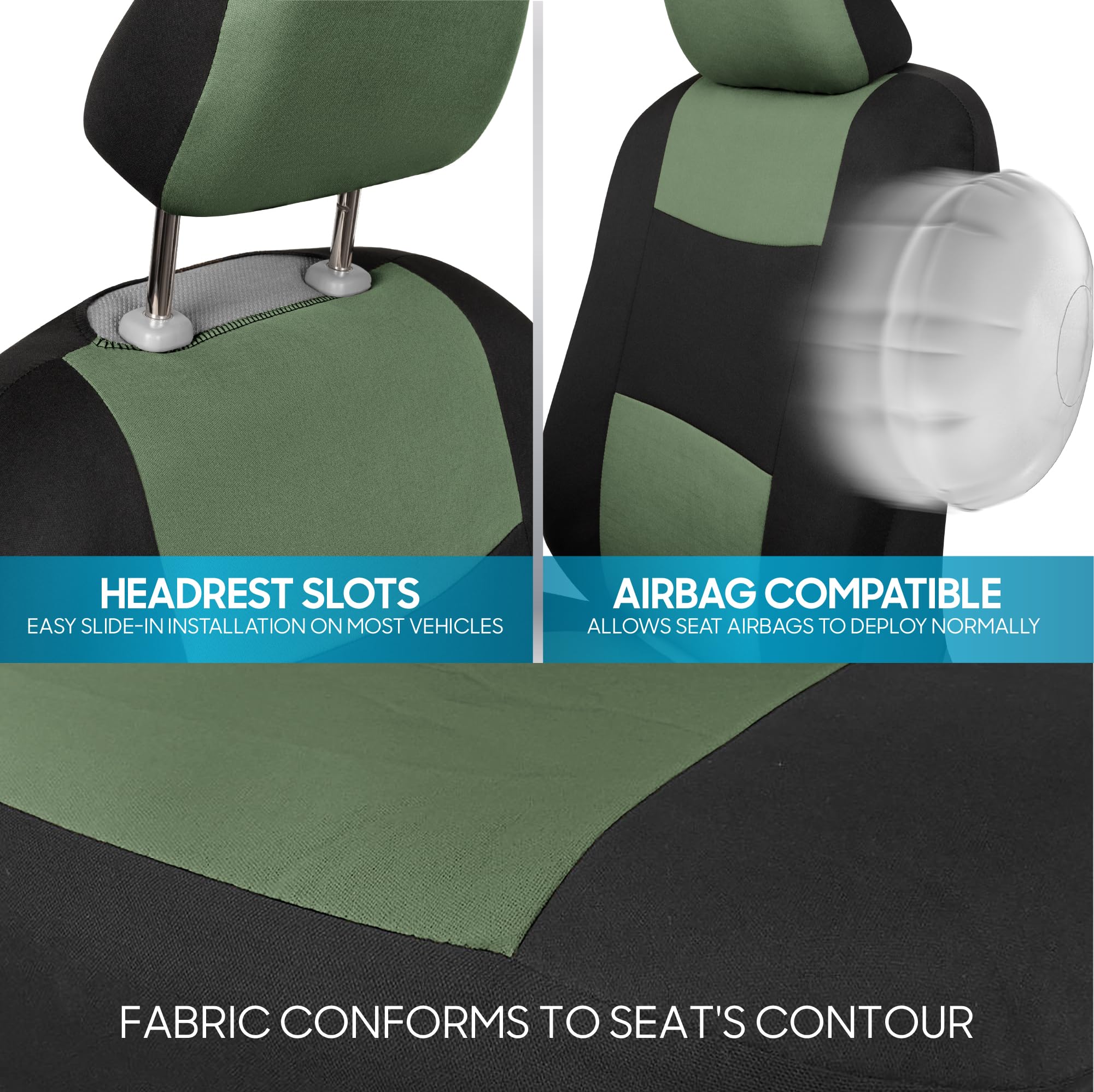 BDK PolyPro Car Seat Covers Full Set - Green on Black Split Bench Seat Covers for Cars, Trucks & SUVs | Easy Installation | Front & Rear Protection | Perfect for Daily Commute, Road Trips & Family Travel
