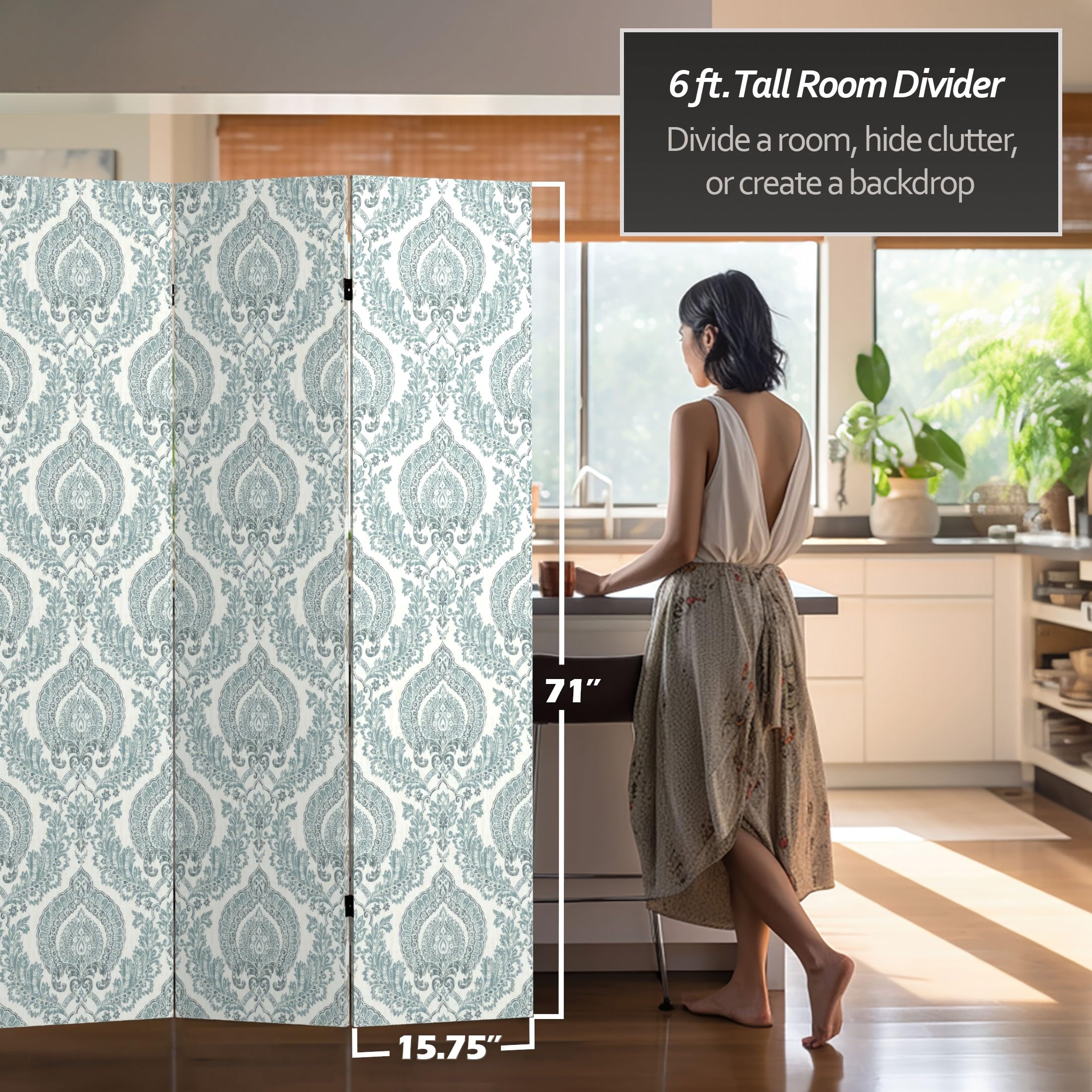 6 ft. Tall Red Lantern Double Sided Ivory Damask Canvas Room Divider - Elegant Folding Screen for Living Room, Bedroom, Office & Wedding Decor