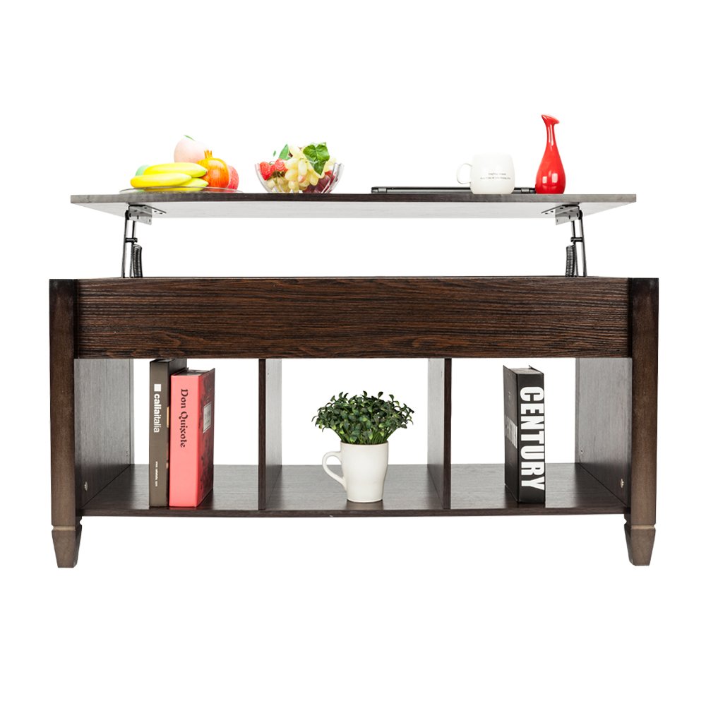 Minimalist Lift Top Coffee Table with Hidden Storage Compartment & Shelves - Modern Wooden Cocktail Table for Living Room, Bedroom, or Office (Brown) - Perfect for Small Spaces, Entertaining & Organization