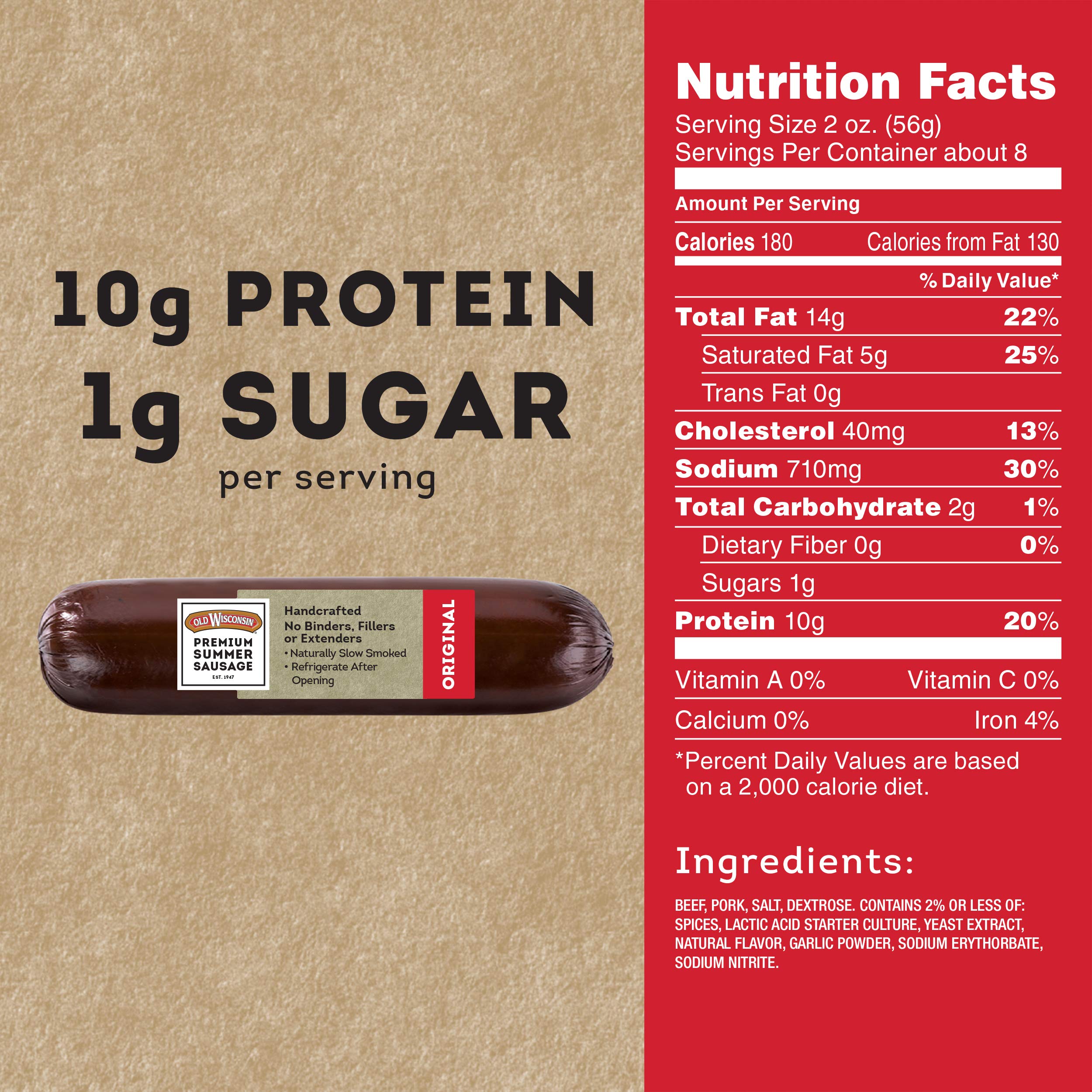 Old Wisconsin Premium Summer Sausage - 100% Natural Meat Snack, Ready to Eat, High Protein, Low Carb, Keto & Gluten Free, Original Flavor (16oz) - Perfect for Charcuterie Boards, Camping, Hiking & Quick Protein Snacks
