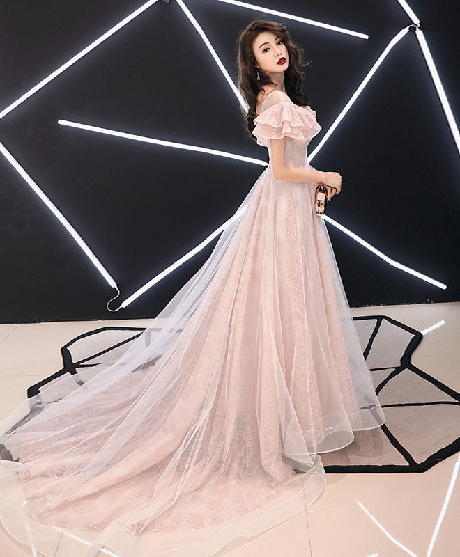 Elegant Pink Round Neck Tulle Lace Long Prom Dress - Formal Evening Gown for Homecoming, Ball, Wedding & Special Occasions