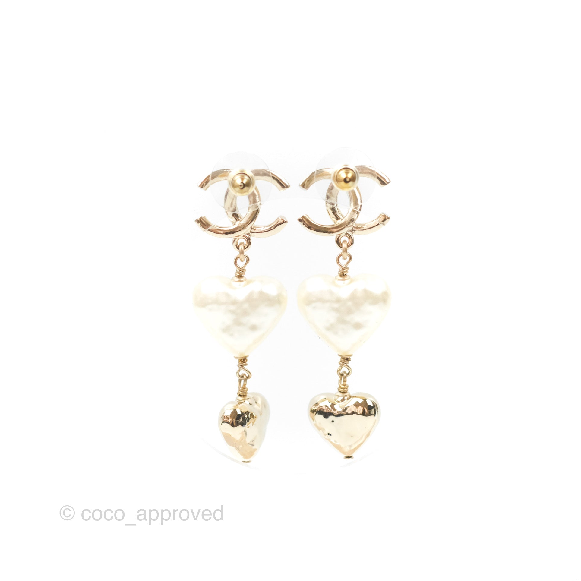 Chanel CC Pearl Heart Drop Earrings Gold Tone 22C - Luxury Fashion Jewelry for Women, Perfect for Weddings, Parties & Special Occasions