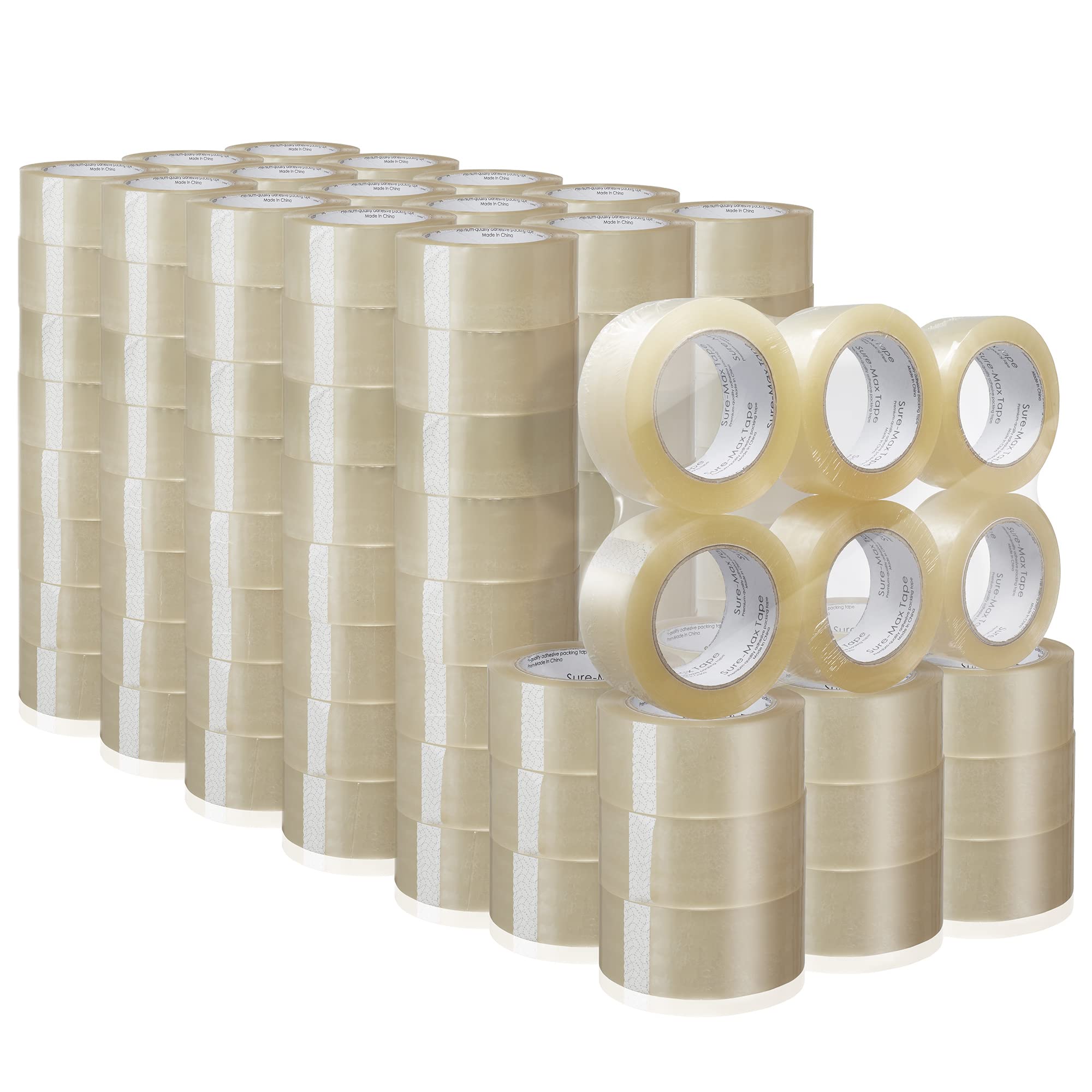 Sure-Max Premium Carton Packing Tape 2.0 mil 330 Feet (110 Yards) - Clear Heavy Duty Shipping Tape for Moving, Packing Boxes, Sealing Packages - 4 Cases (144 Rolls Total) - Ideal for Home, Office & Warehouse Use