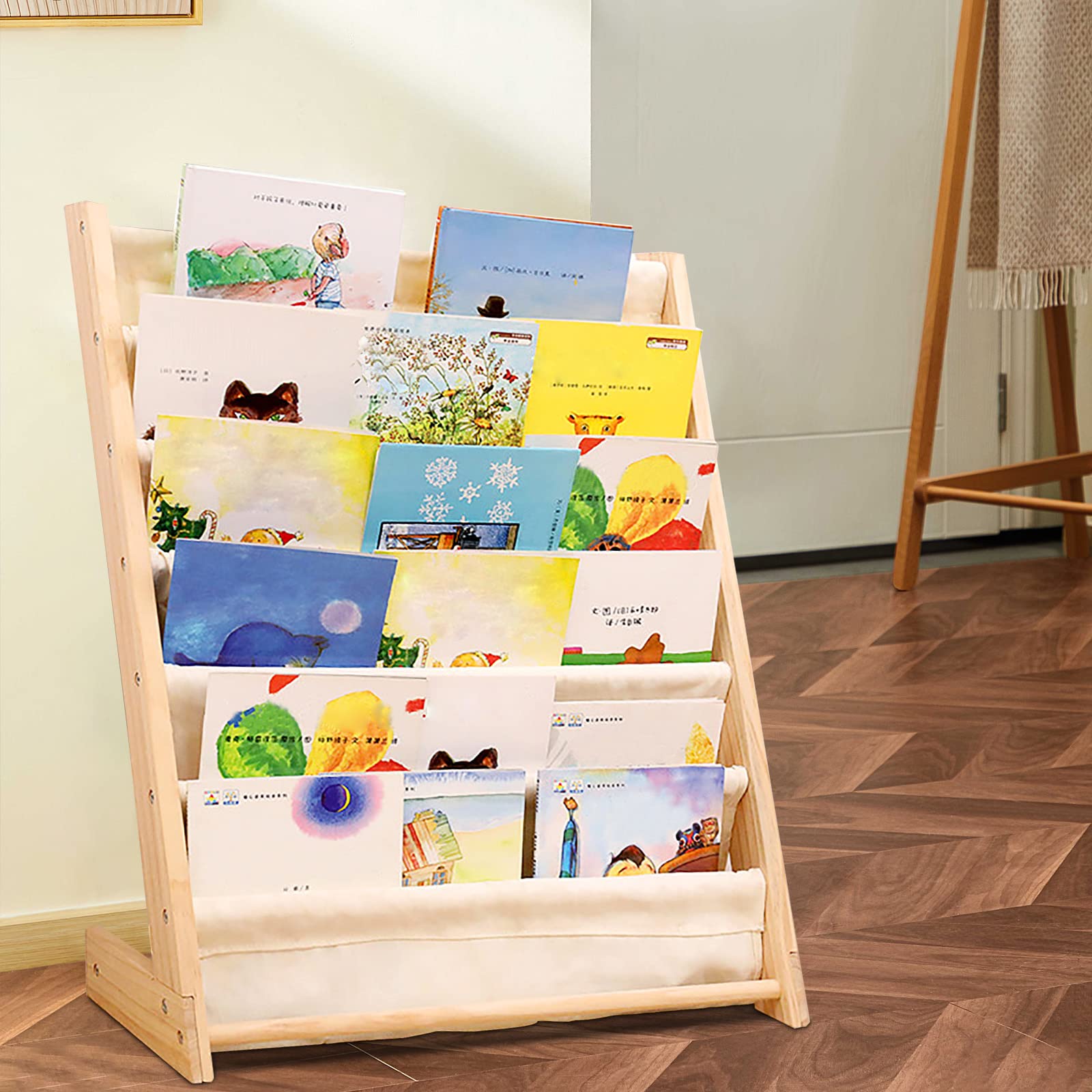 Kids Bookcase Organizer - Standing Book Storage Shelf with Canvas & Pine, Toy Display Rack for Bedroom & Playroom - Perfect for Kids' Book Storage, Toy Organization & Room Decor