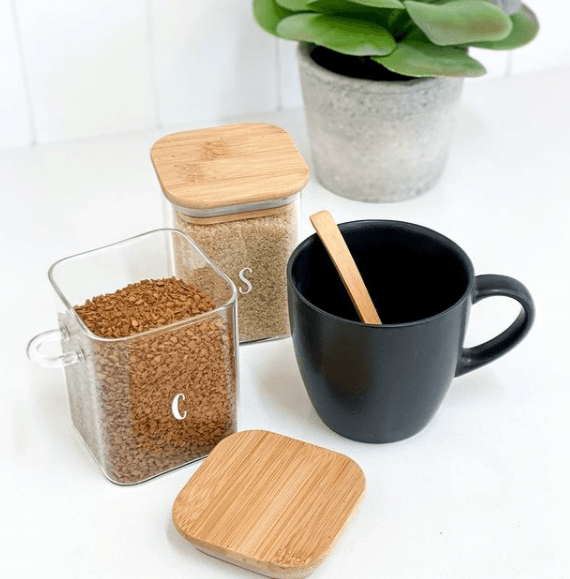 Premium Bamboo Glass Trio Square Set - 500ml Coffee, Tea & Sugar Storage Containers - Perfect for Kitchen, Office & Gifting