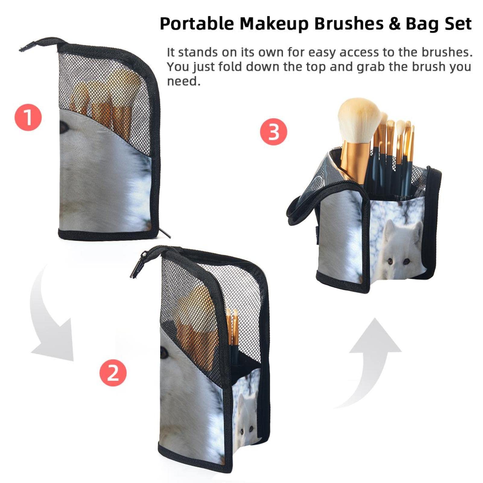 12-Piece Makeup Brush Organizer Bag with Cute White Fox Design - Portable Cosmetic Brush Holder Case for Travel, Home, and Professional Use