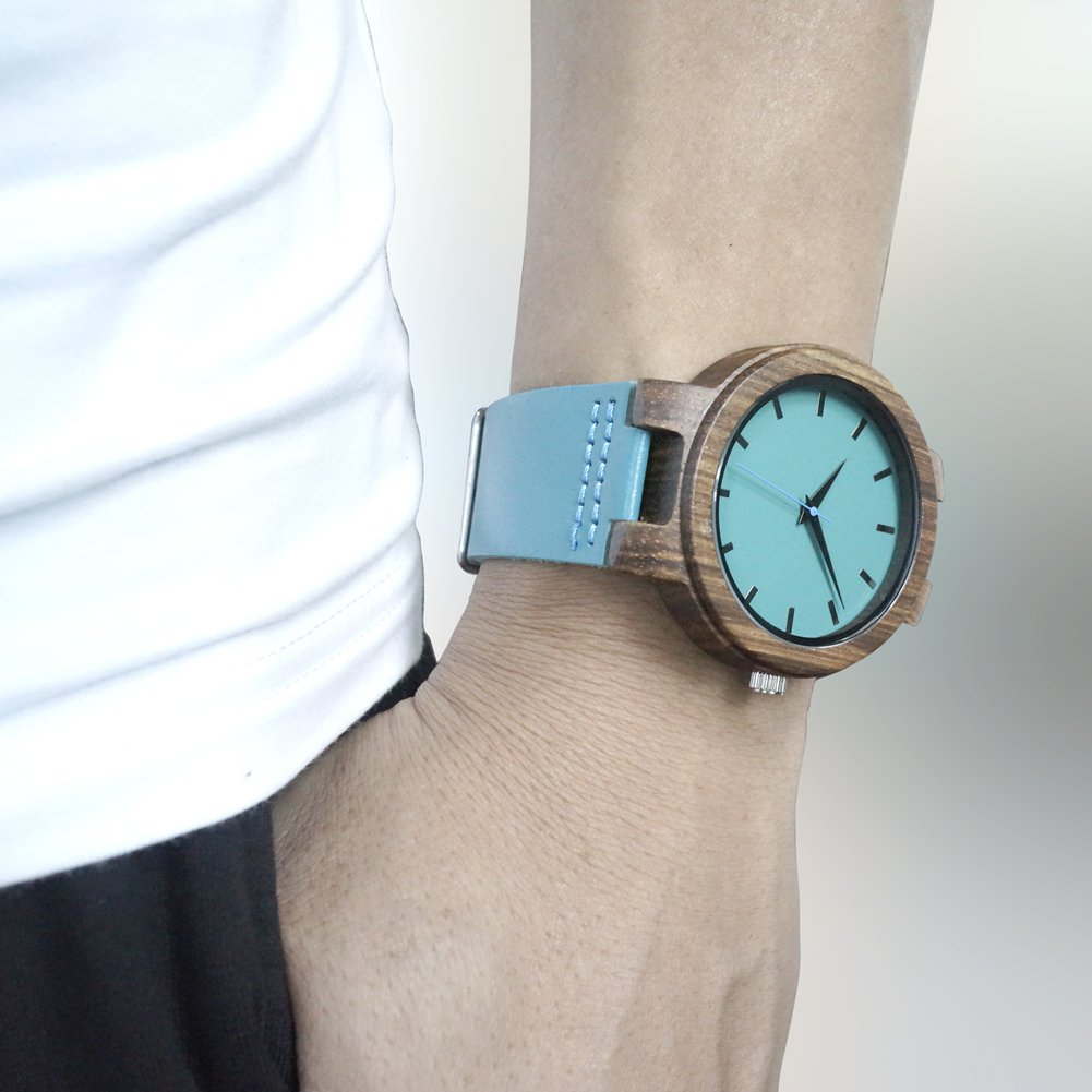 BOBO BIRD Bamboo Wooden Watch for Men & Women - Blue Cowhide Leather Strap, Casual Fashion Timepiece with Gift Box | Perfect for Everyday Wear, Anniversary Gifts & Eco-Friendly Lifestyle