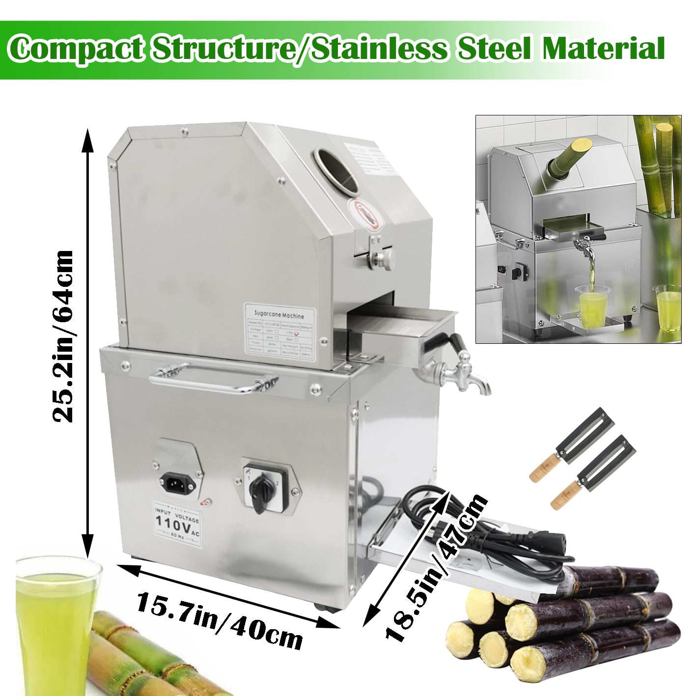 INTBUYING Commercial & Home Electric Sugarcane Juicer Machine - 800W 110V Stainless Steel 3-Roller Press Extractor with Detachable Cover - Perfect for Juice Bars, Restaurants, and Healthy Home Juicing