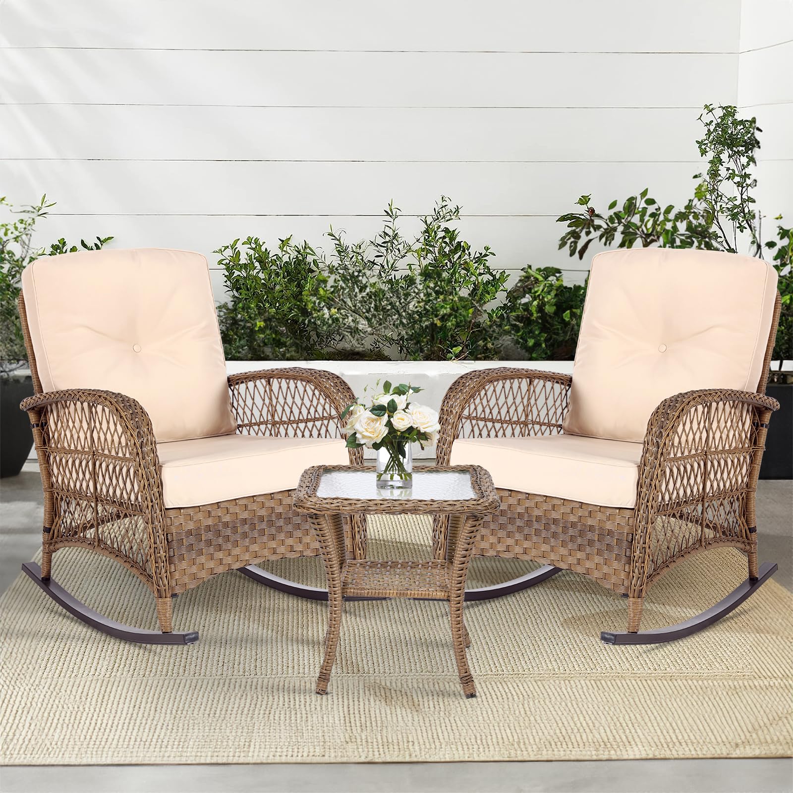 MEETWARM 3-Piece Outdoor Wicker Rocking Chair Set with Cushions & Glass-Top Coffee Table - Beige Rattan Patio Conversation Bistro Set for Porch, Backyard, Garden & Poolside Relaxation