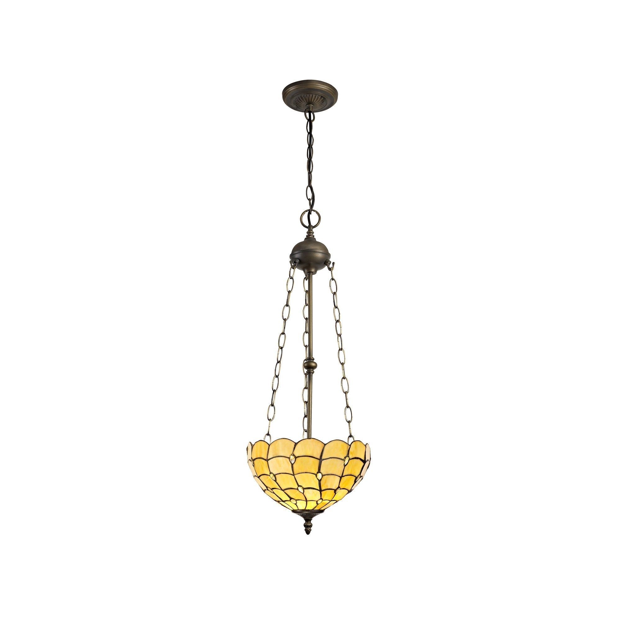 Aero 2 Light Uplighter Pendant with 30cm Tiffany Shade - E27 Socket, Beige/Clear Crystal/Aged Antique Brass Finish - Perfect for Dining Room, Bedroom, or Living Room Lighting