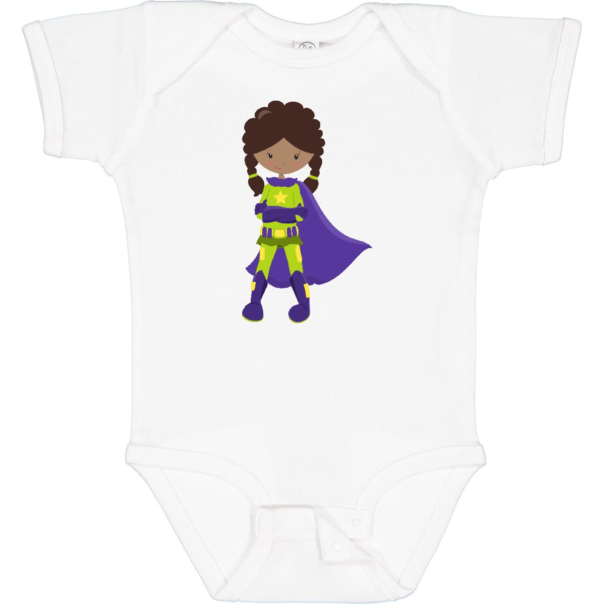Inktastic African American Superhero Girl with Purple Cape Baby Bodysuit - Perfect for Cosplay, Birthday Parties & Everyday Wear