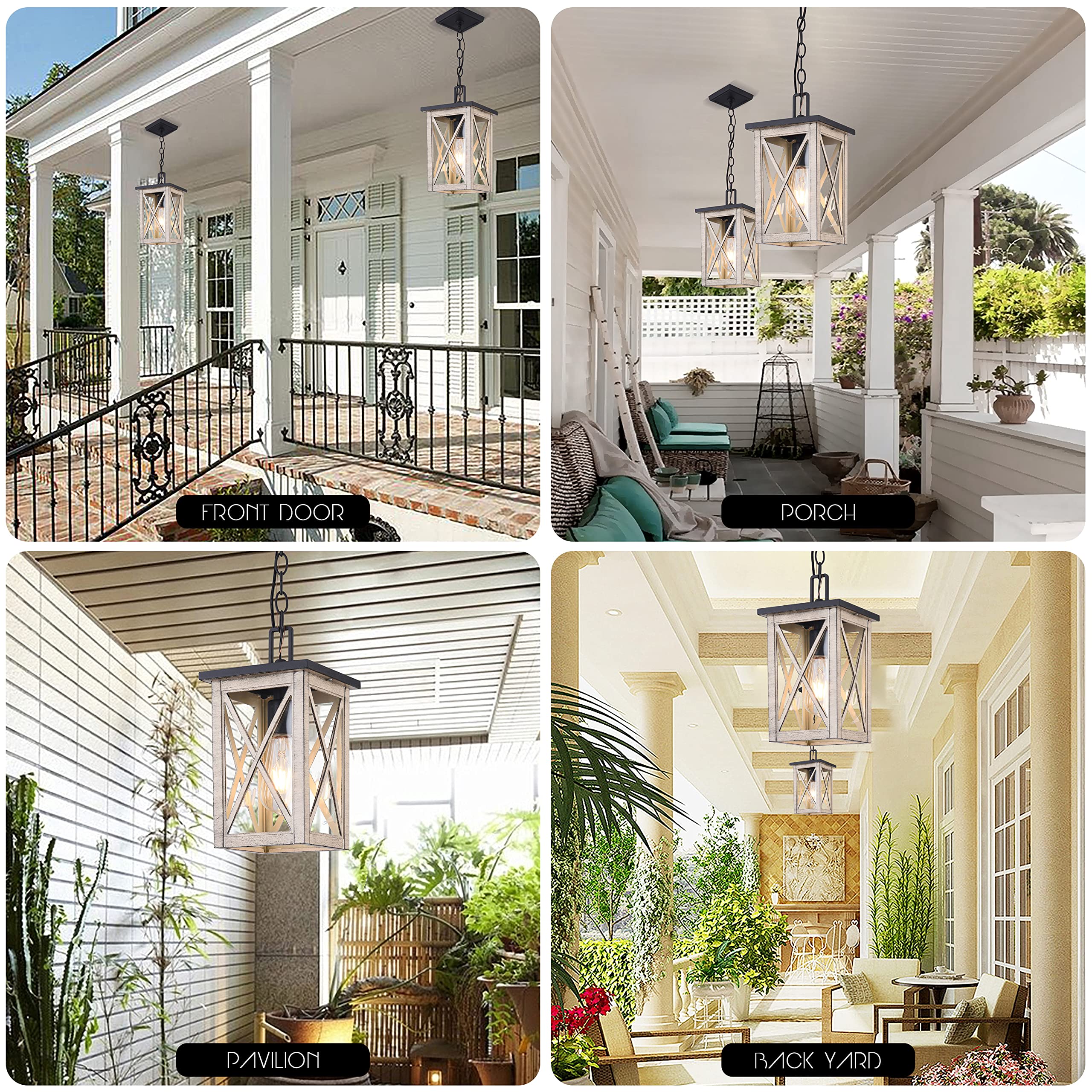 Outdoor Pendant Light - Waterproof Hanging Lantern with Wood Grain & Glass Shade - 1-Light Exterior Fixture for Porch, Patio, Entryway - Perfect for Garden, Deck, and Outdoor Dining Areas