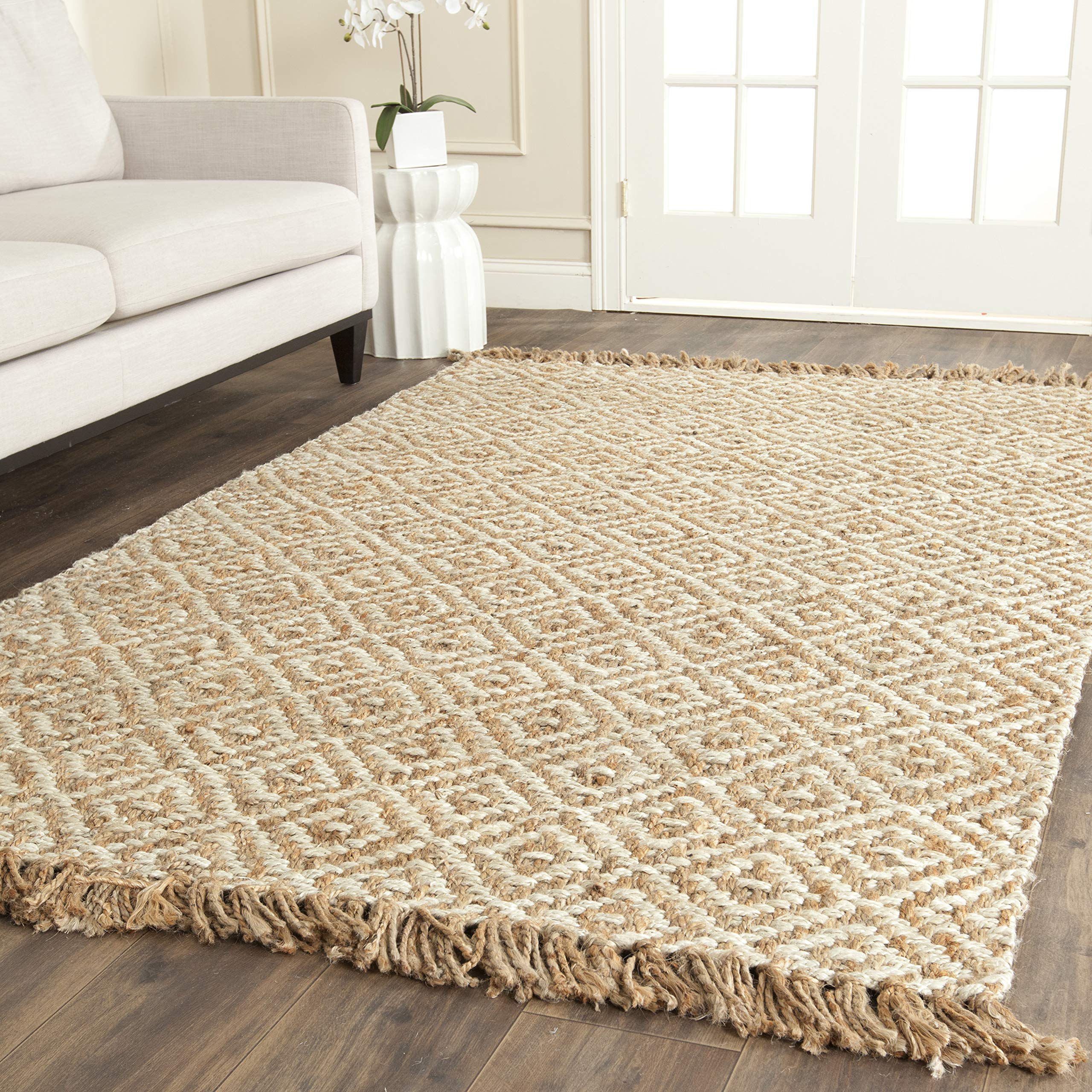 SAFAVIEH Handmade Natural Fiber Jute Area Rug 5' x 8' - Diamond Trellis Design with Fringe in Natural & Ivory | Durable for High Traffic Living Room, Bedroom, Dining Room & Office Spaces (NF450A)