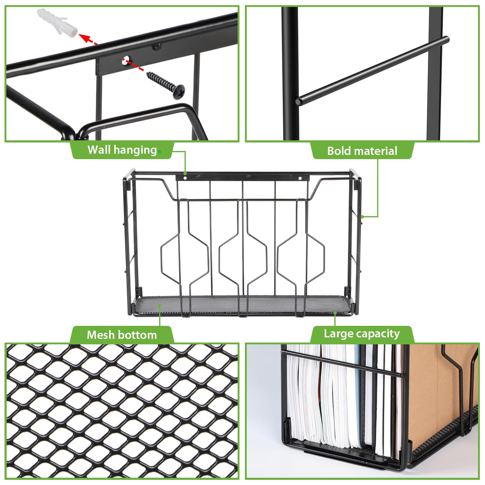 KEEGH Vertical Wall Mount File Organizer - Metal Hanging Wall File Folder Holder for Mail, Magazine & Paper Documents - 3 Pack Black - Perfect for Home Office Organization & Space Saving Storage