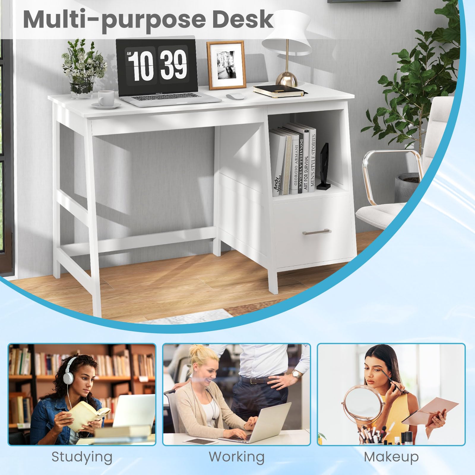 Tangkula White Modern Study Desk with Drawers - Small Computer Desk for Home Office, Writing Desk with Storage Space, Student Desk & Makeup Vanity Table for Bedroom - Perfect for Remote Work, Online Classes & Beauty Routines (White)