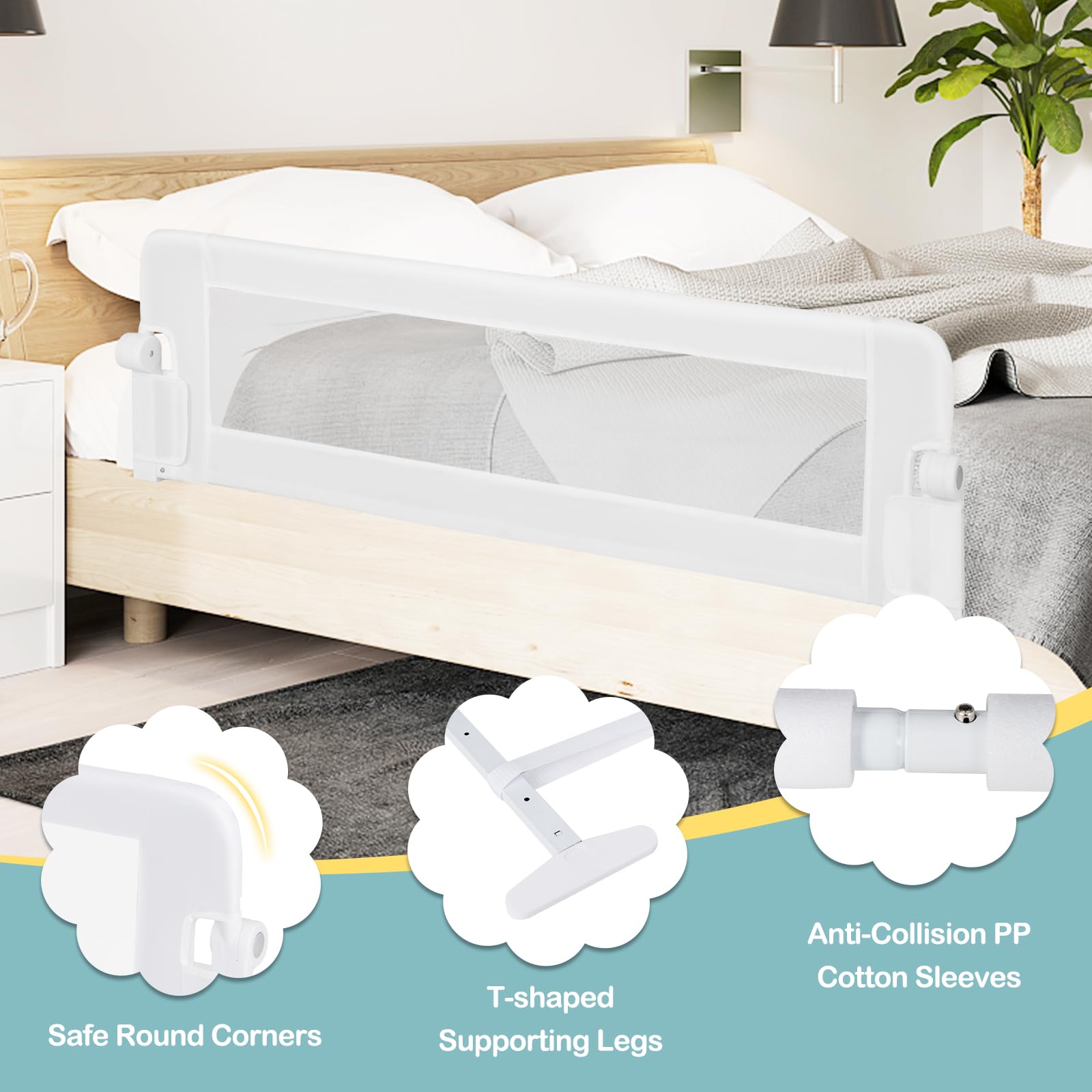 BABY JOY Double Sided Bed Rail Guard - 2 Pack Extra Long Swing Down Convertible Crib Safety Rail for Toddlers | Folding Bed Rail for Twin Full Queen King Mattress (White 60