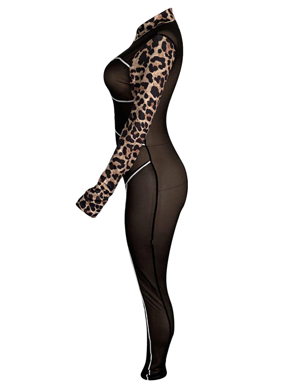Sexy Sheer Mesh Leopard Print Bodycon Jumpsuit for Women - Deep V Neck One Piece Romper | Clubwear, Party Outfit, Night Out Dress, Festival Fashion