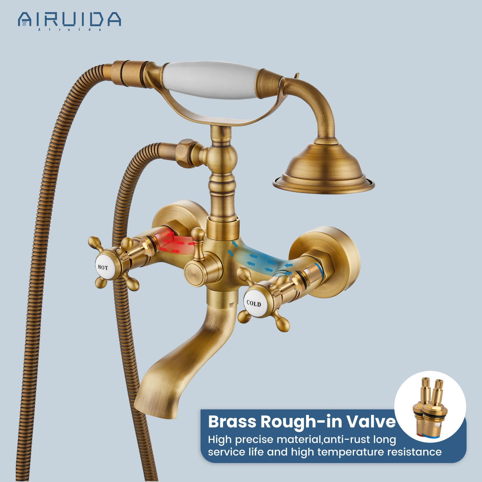 Antique Brass Wall Mount Bathtub Faucet with Handheld Shower Sprayer - Vintage Style Double Cross Handle Hot/Cold Water Mixer Tap - Perfect for Classic Bathroom Renovations & Spa-Like Showers