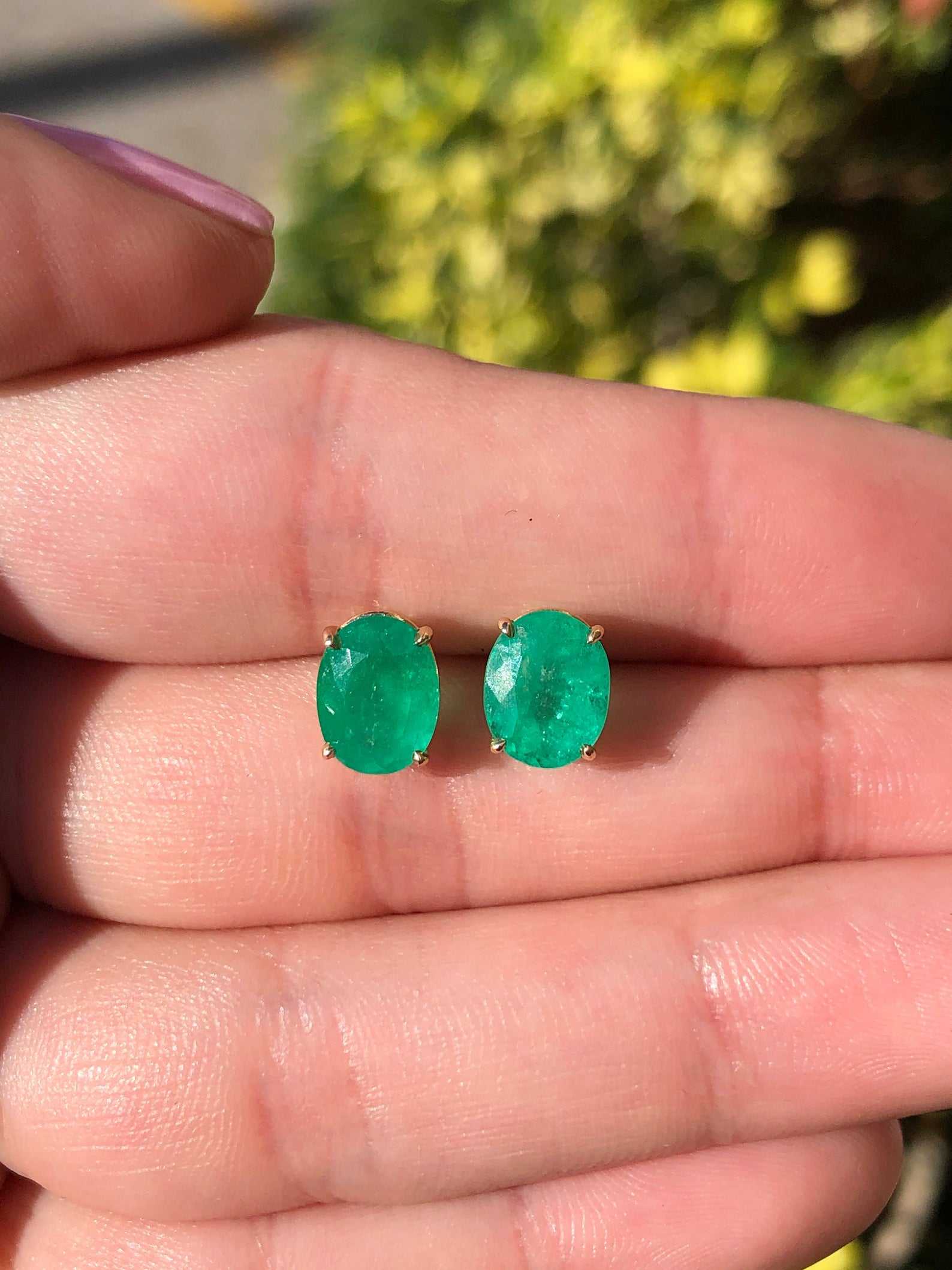 3.20tcw Medium Dark Deep Green Natural Emerald Oval Stud Earrings in 14K Gold - Elegant Statement Jewelry for Women, Perfect for Weddings, Parties & Special Occasions