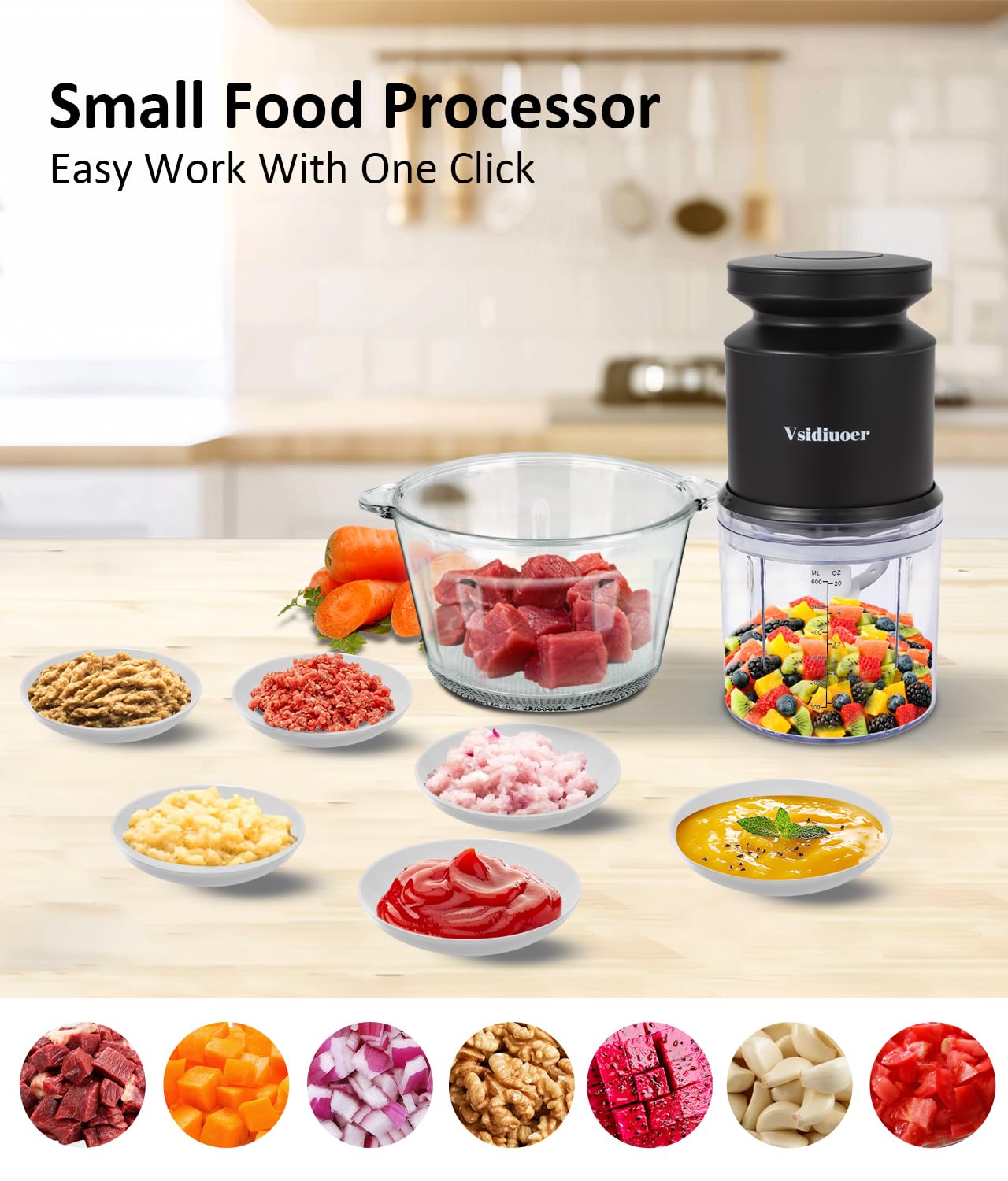 400W Electric Food Processor with 2 Glass Bowls (8 Cup + 2.5 Cup) - Powerful Meat Grinder & Food Chopper with Stainless Steel Blades - Perfect for Baby Food, Vegetables, Fruits, Nuts - Ideal for Meal Prep, Cooking & Healthy Eating