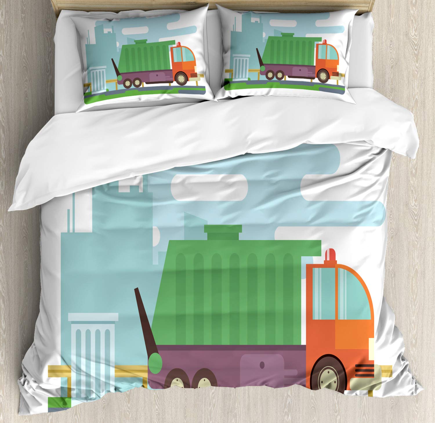 Ambesonne Garbage Truck Duvet Cover Set - King Size 3 Piece Bedding with 2 Pillow Shams | Fun Doodle Design of Waste Collection Vehicle | Vibrant Green & Orange Decor | Perfect for Kids' Rooms, Truck-Themed Bedrooms & Unique Gift Ideas