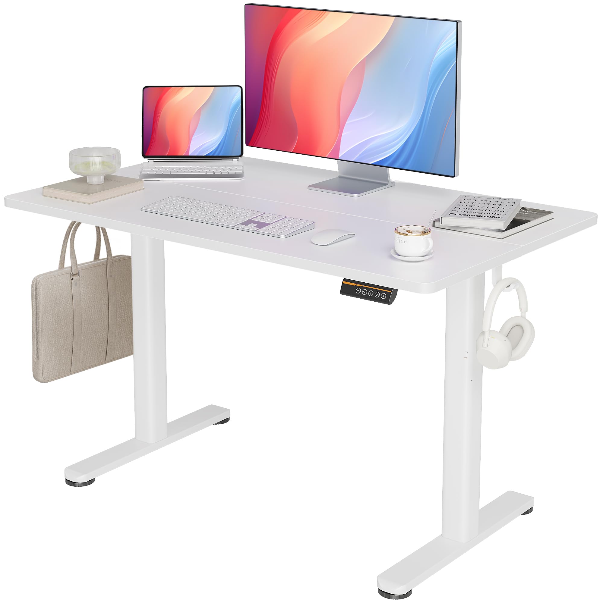 Seang Electric Standing Desk 48x24 Inch - Adjustable Height Sit Stand Desk with Splice Board, White Frame & White Top - Perfect for Home Office, Computer Workstation & Remote Work Setup