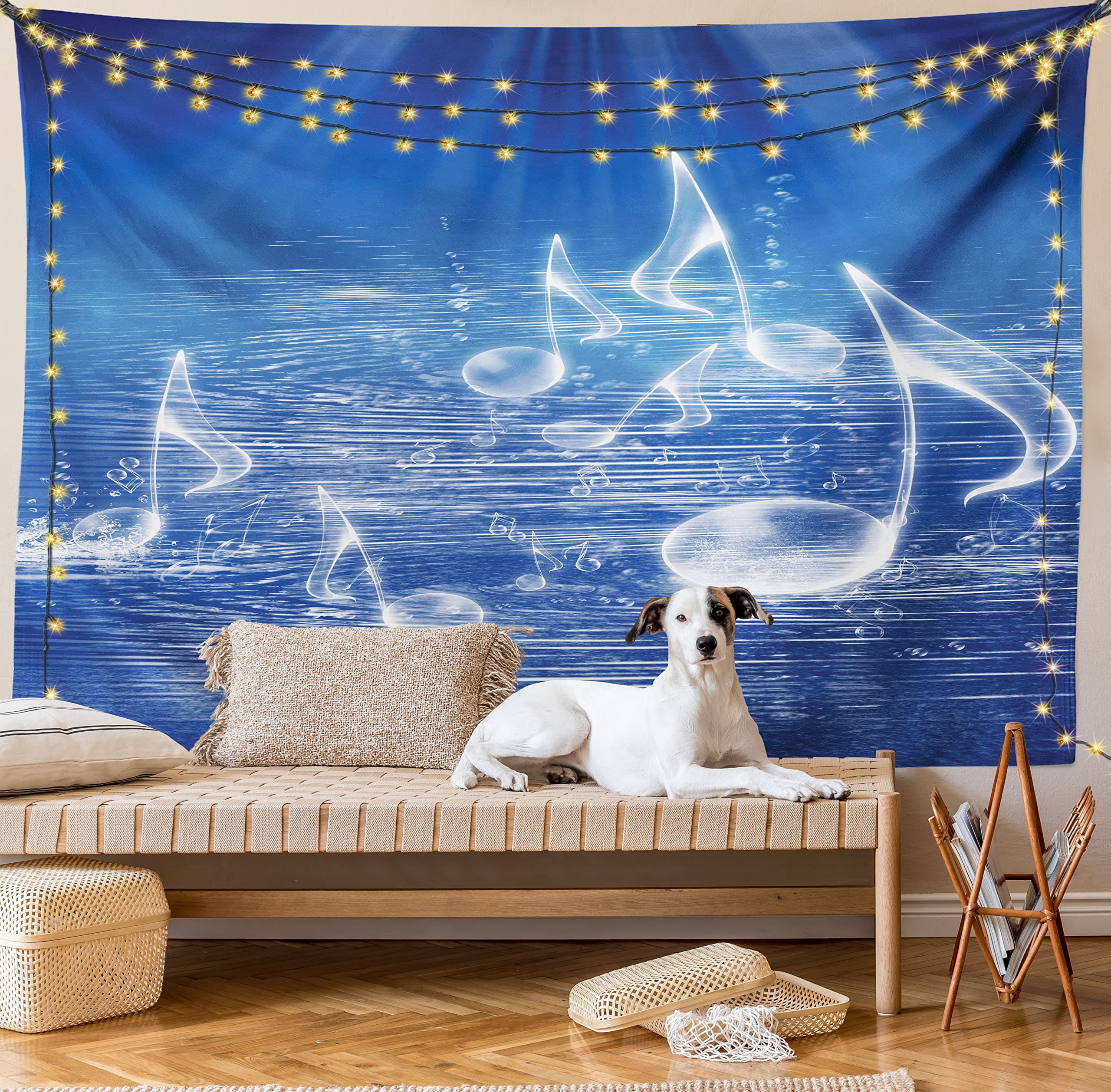 Ambesonne Music Themed Tapestry - Water Musical Notes & Dancing Waves Fantasy Design, Blue & White Fabric Wall Hanging Decor for Bedroom, Living Room, Dorm (45