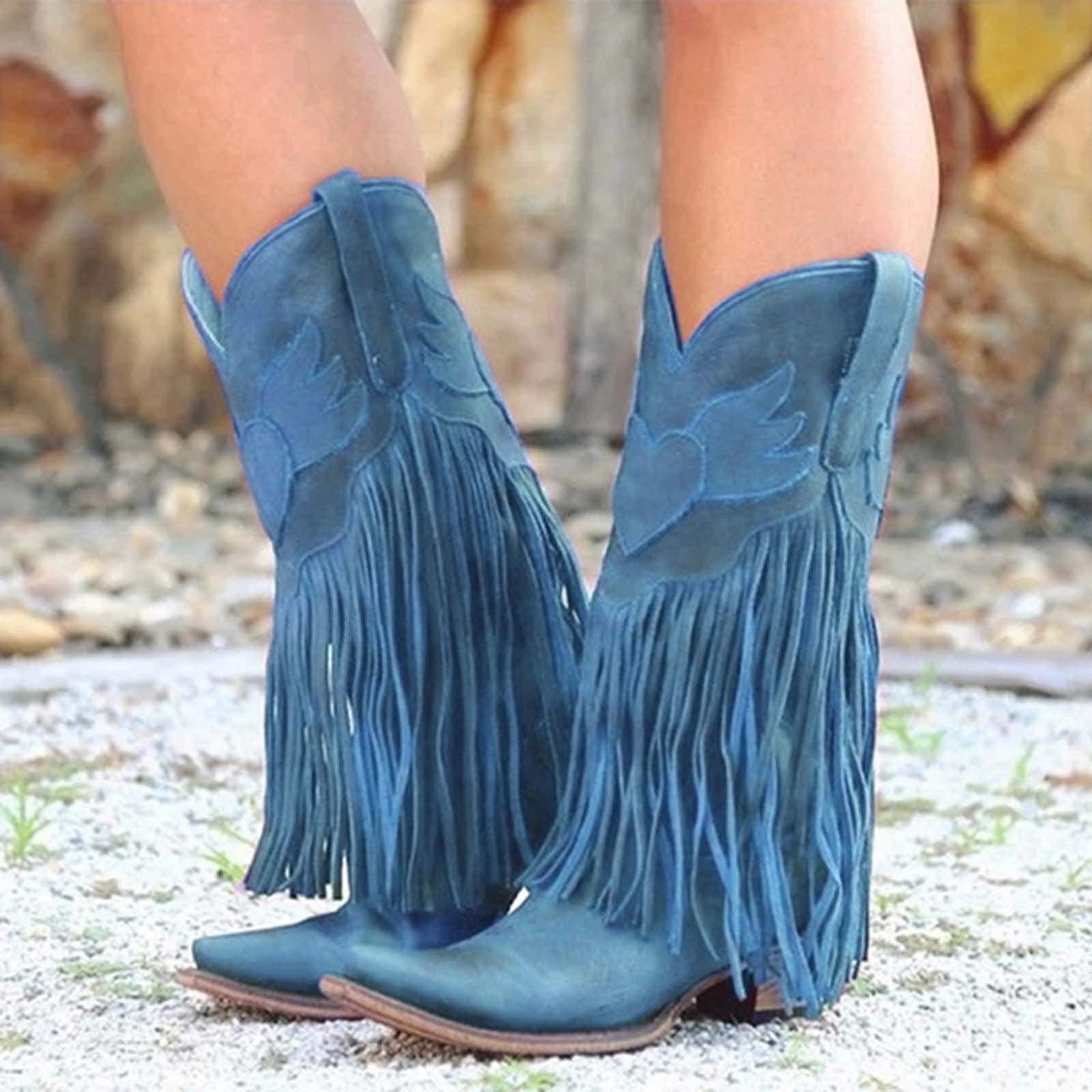 ZBYY Women's Knee High Western Boots with Fringe Design - Chunky Heel Mid Calf Riding Boots for Dress & Casual Outfits | Perfect for Country Music Festivals, Rodeo Events & Boho Fashion Styles
