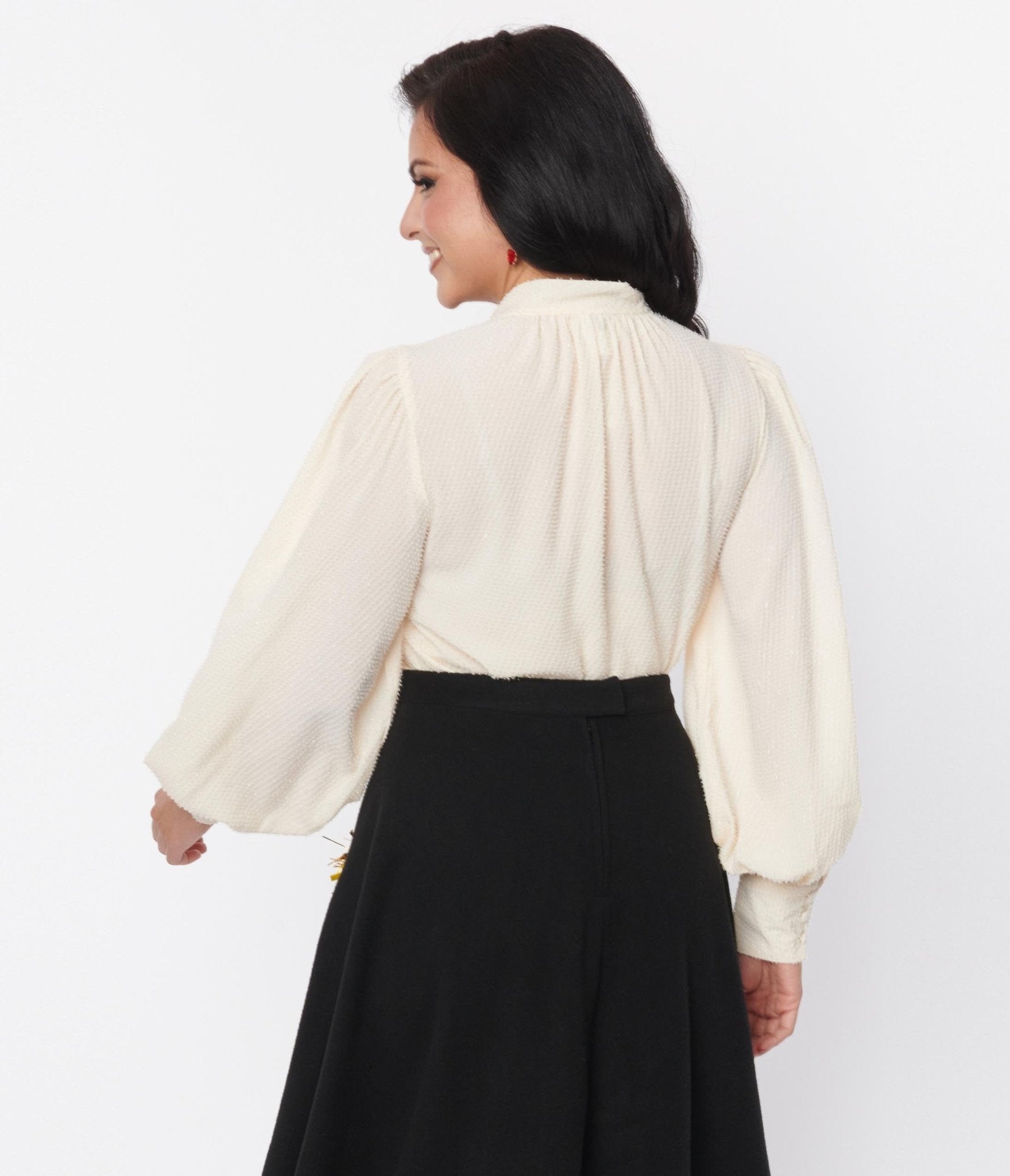 Vintage 1940s Ivory Clip Dot Long Sleeve Bow Blouse - Retro Women's Fashion Top for Office, Party & Special Occasions