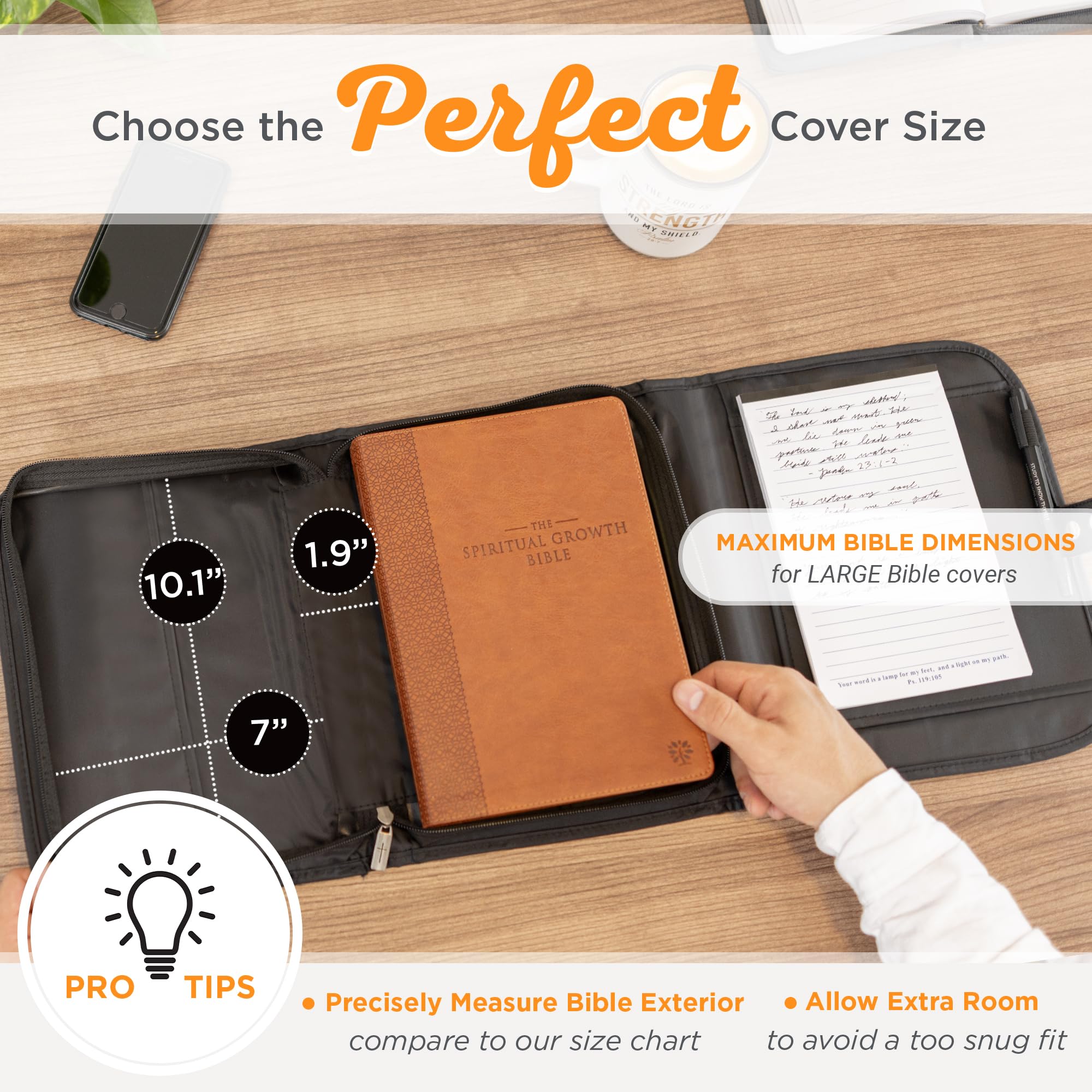 Christian Bible Cover for Men & Women - Black Microfiber Tri-Fold Organizer with Jesus Fish Emblem | Large Zippered Case for Bible Study, Church & Travel