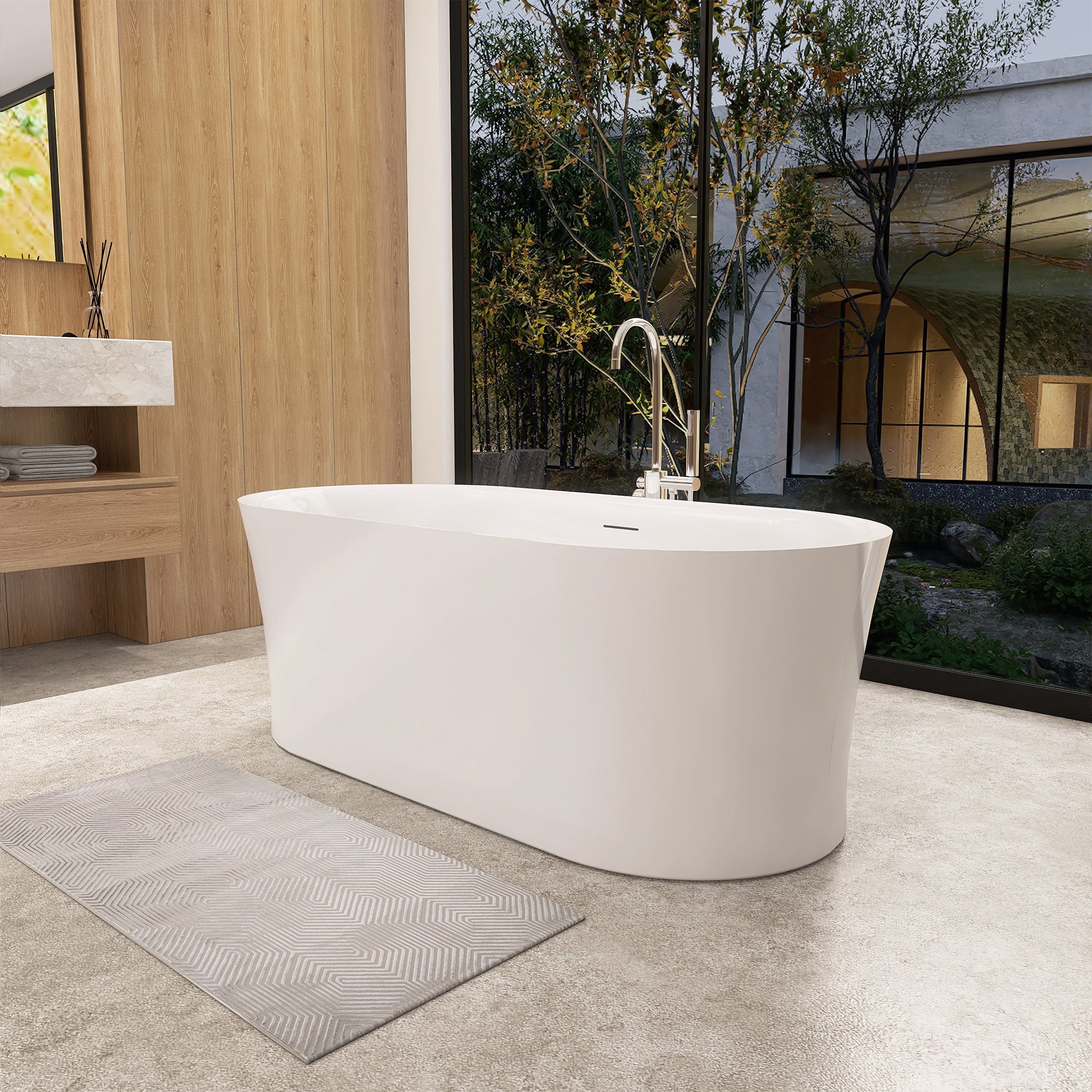 Royce 67 x 32 Inch Glossy White Freestanding Acrylic Soaking Bathtub with Drain & Overflow - Perfect for Modern Bathrooms & Spa-Like Relaxation