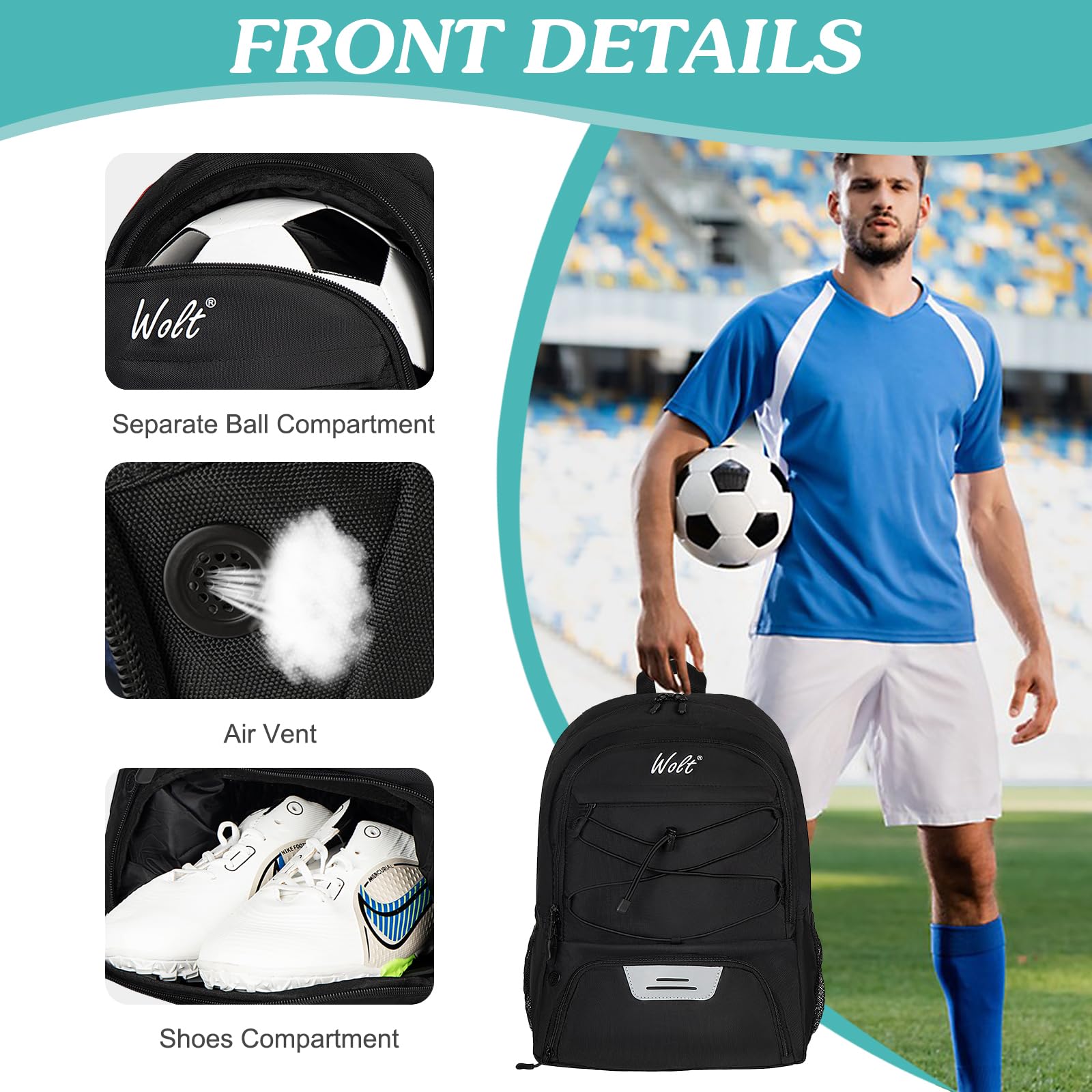 WOLT Youth Soccer Backpack with Shoe & Ball Compartments for Sports Training