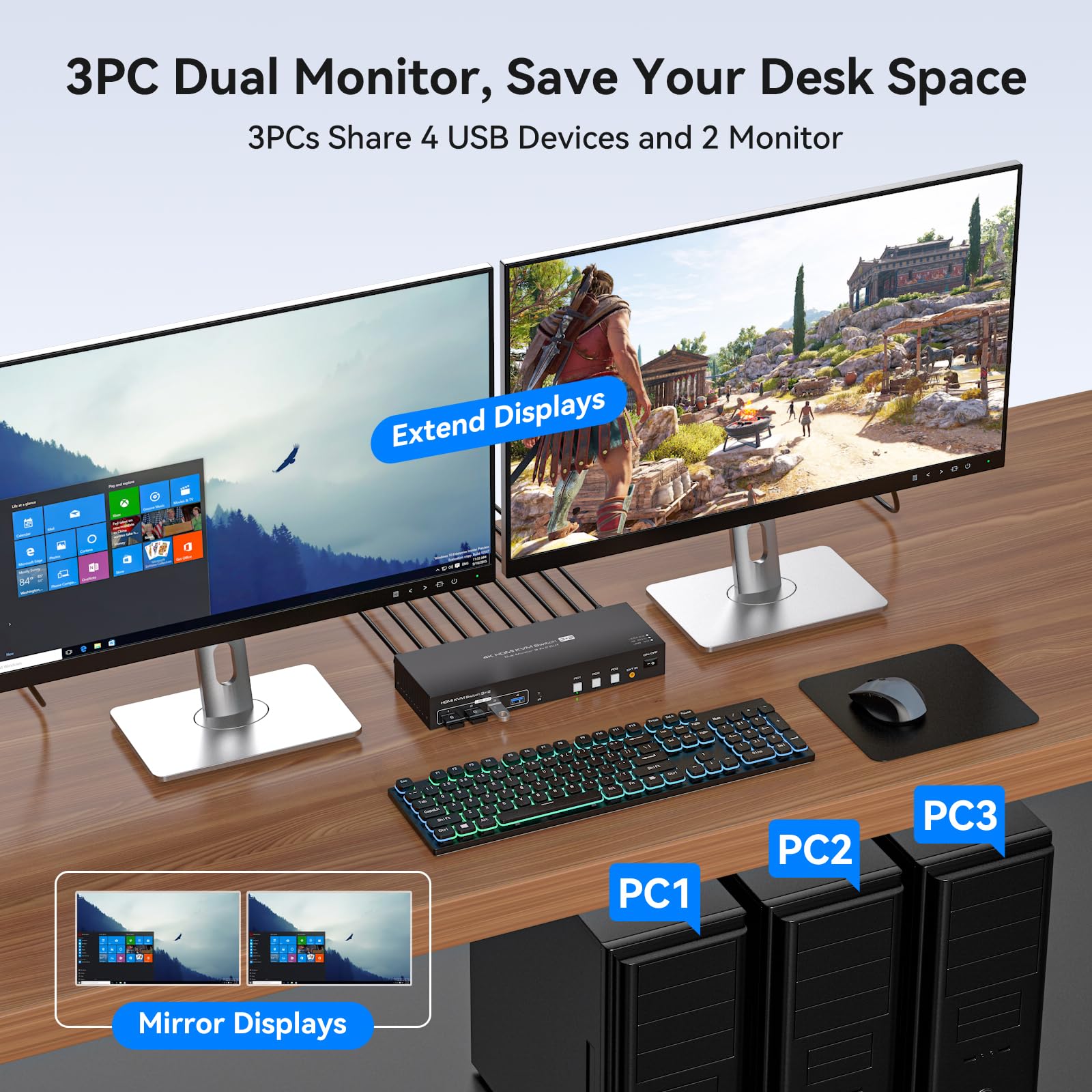 PVBCTCSID 4K60Hz HDMI KVM Switch - 3 Computers to 2 Monitors with EDID, USB 3.0 Hub & Remote Control | Perfect for Multi-PC Workstations, Gaming Setups & Office Environments