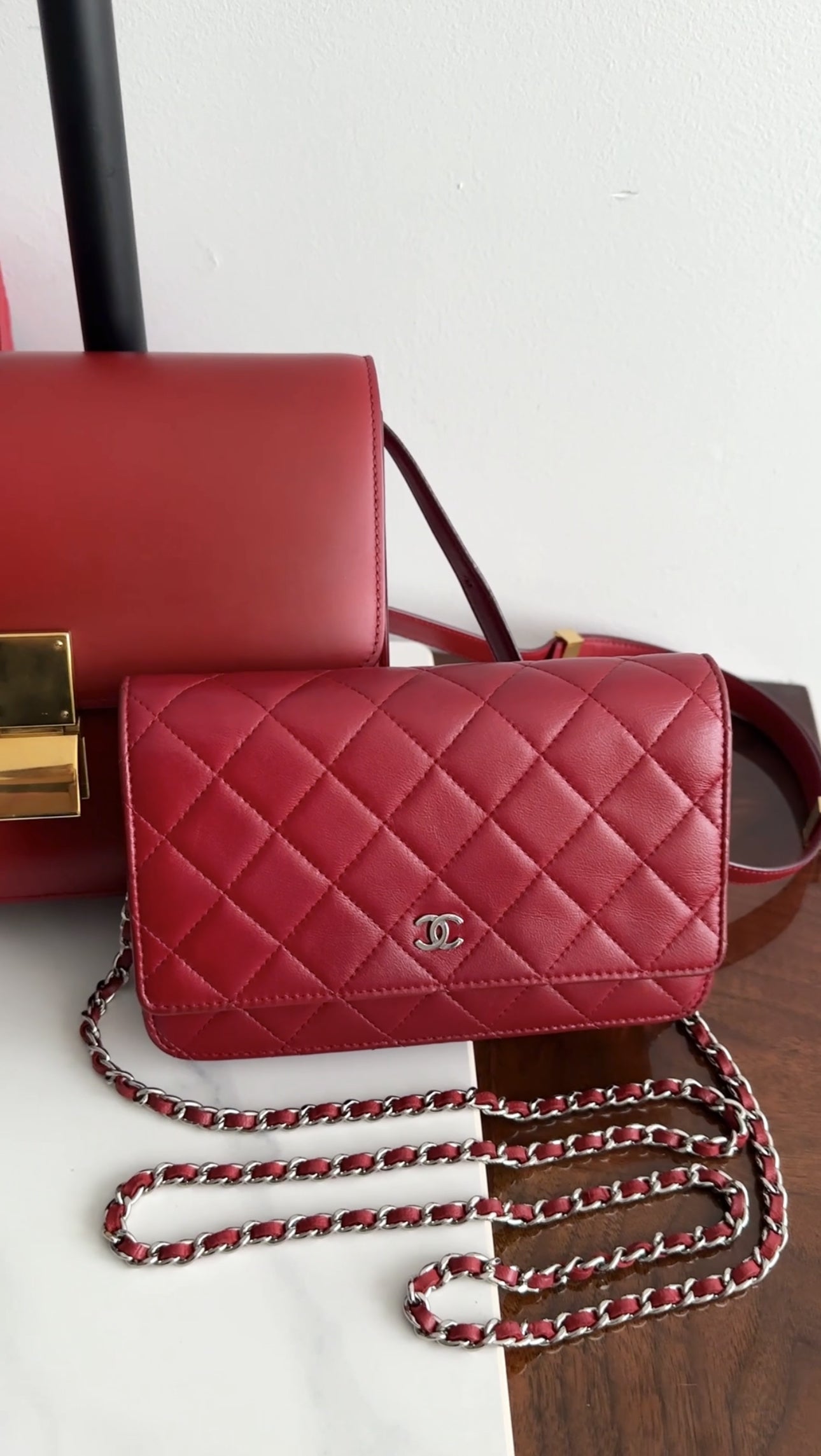 Chanel Dark Red Quilted Leather Classic Wallet on Chain with Silver Hardware - Elegant Crossbody Bag for Women, Perfect for Evening Parties & Date Nights