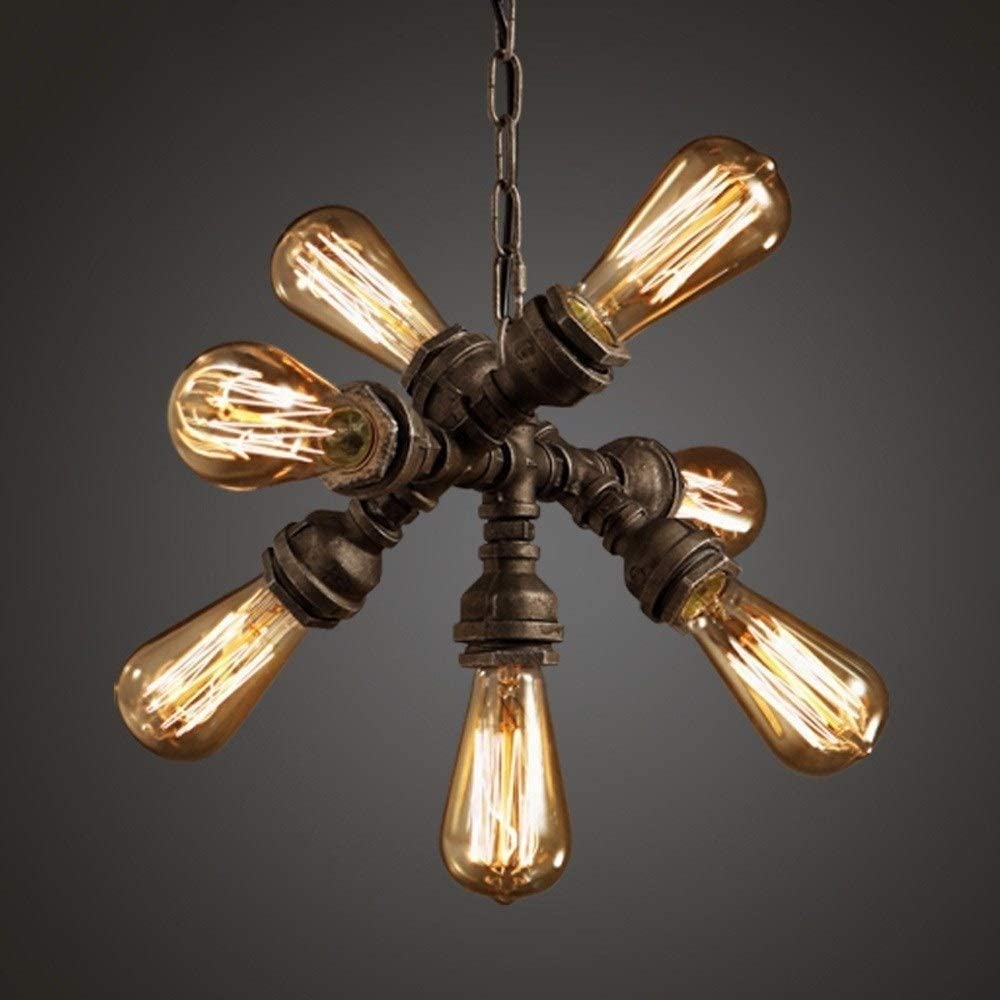 Vintage Industrial Wrought Iron Pipe Chandelier with Edison E27 Bulbs - 7-Light Black Metal Hanging Lamp for Restaurant, Kitchen Island & Steampunk Decor | Rustic Ceiling Lighting Fixture for Dining Room, Bar & Vintage-Themed Spaces