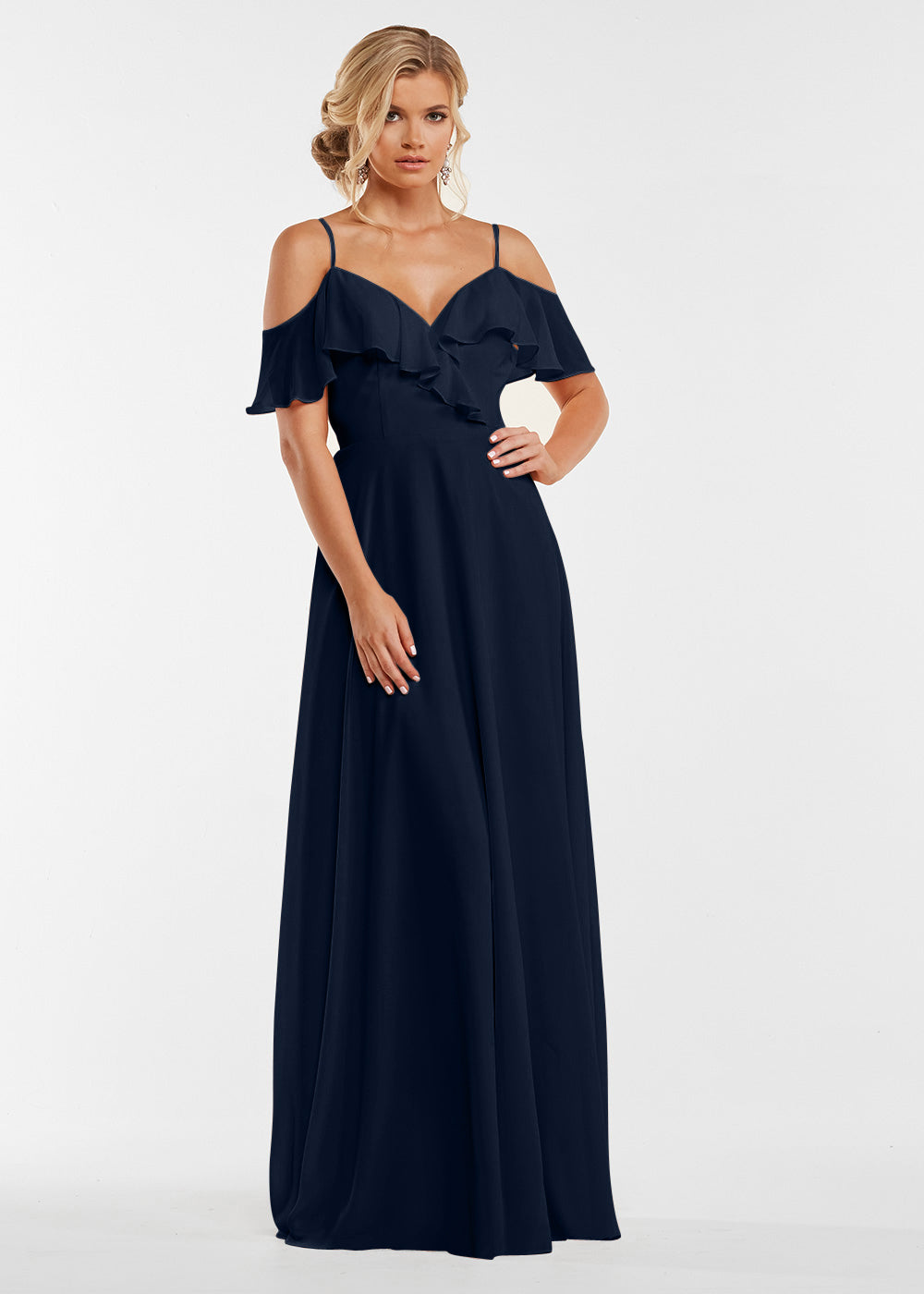 Elegant Off Shoulder Ruffled Chiffon Bridesmaid Dress - A-Line Flowy Design for Weddings, Parties & Special Occasions
