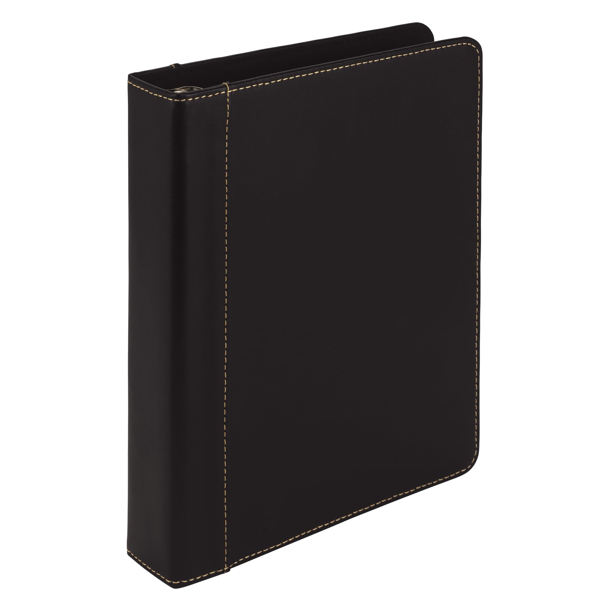 Samsill 1 Inch Junior 3 Ring Binder - Black Leather with Contrast Stitching - Holds 8.5 x 5.5 Paper - 3 Ring Notebook Binder for School, Office & Home Organization - Perfect for Planners, Journals & Portfolio Organizing