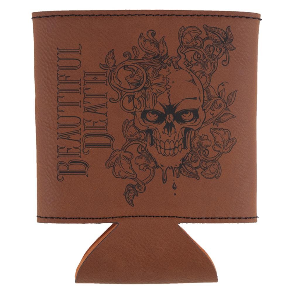 Old Glory Beautiful Death Skull & Floral Etched Leatherette Beer Can Cooler - Insulated Standard One Size Koozie for Outdoor Parties, BBQs & Tailgating