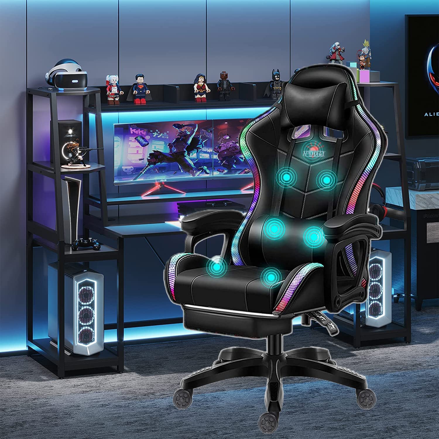 XOOFMASS Gaming Chair with Built-in Speakers & RGB Lighting - Ergonomic Massage Office Chair with PU Leather, Recliner Function, Headrest & Lumbar Support - Perfect for Esports, PC Gaming & Home Office (Black)