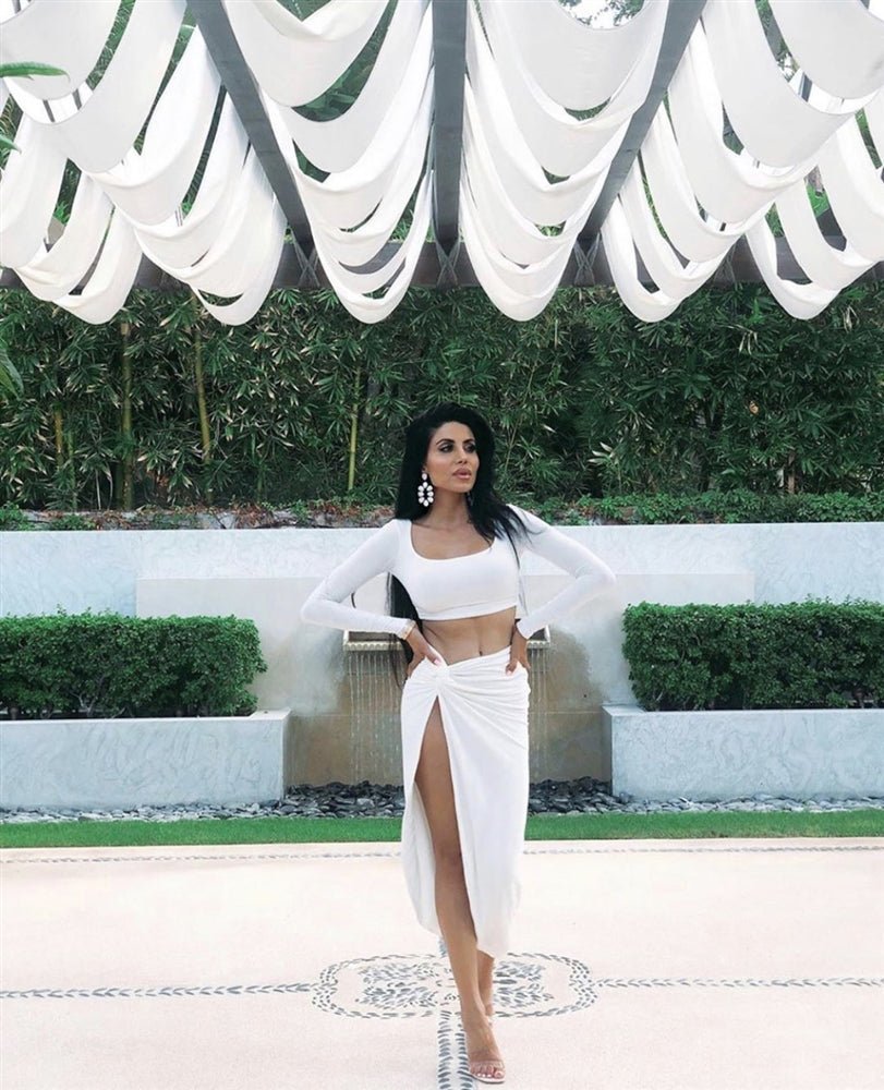 Elegant White Long Sleeve Knotted Slit Skirt Two Piece Set - Women's Chic Outfit for Party, Date Night & Special Occasions