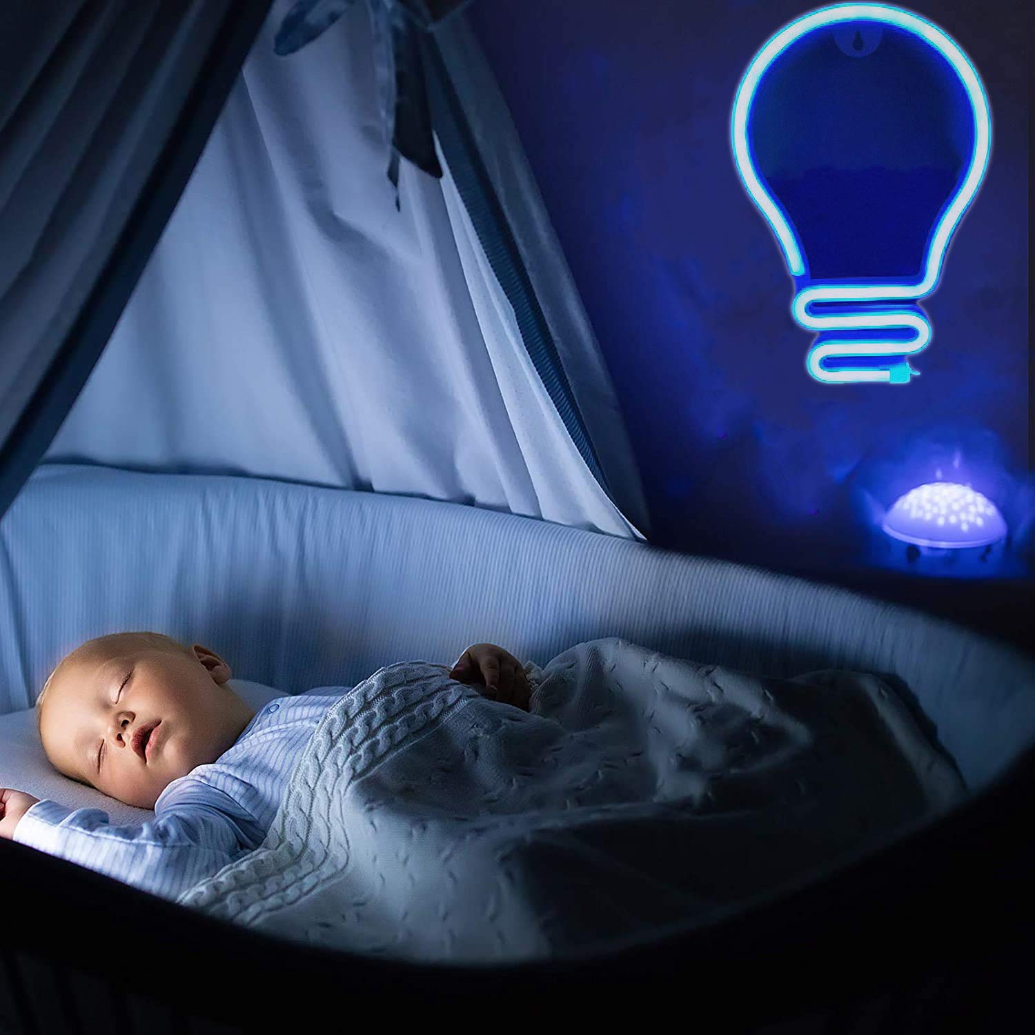 Blue LED Neon Bulb Sign - USB/Battery Operated Hanging Wall Light for Kids Room, Christmas, Birthday & Hanukkah Decor | Perfect for Bedroom, Nursery, Party & Holiday Lighting