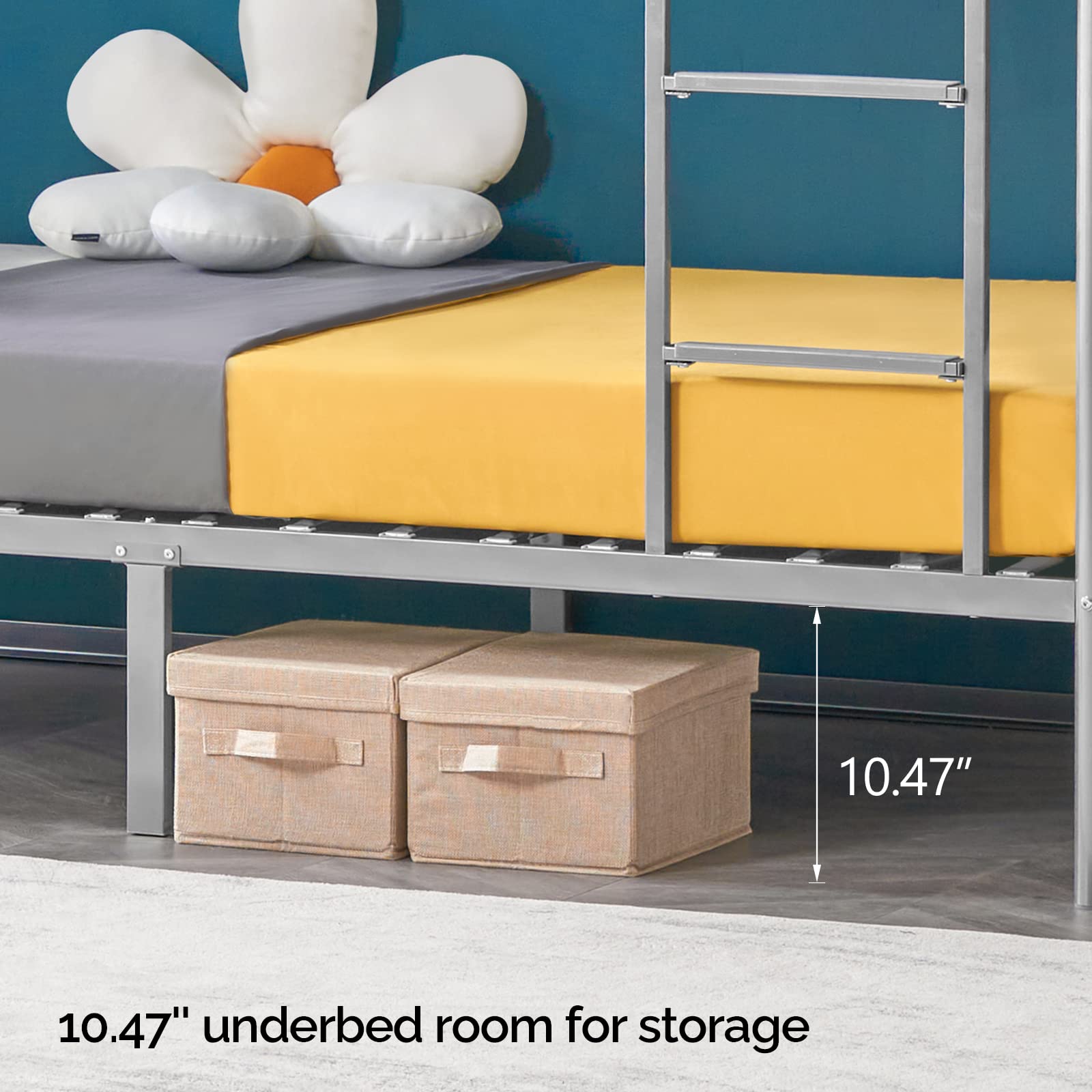 VINGLI Twin Over Twin Metal Bunk Bed - Heavy Duty Steel Frame with Flat Steps for Kids, Teens & Adults - Space Saving Gray Bunk Bed for Small Rooms, Dorms & Guest Rooms
