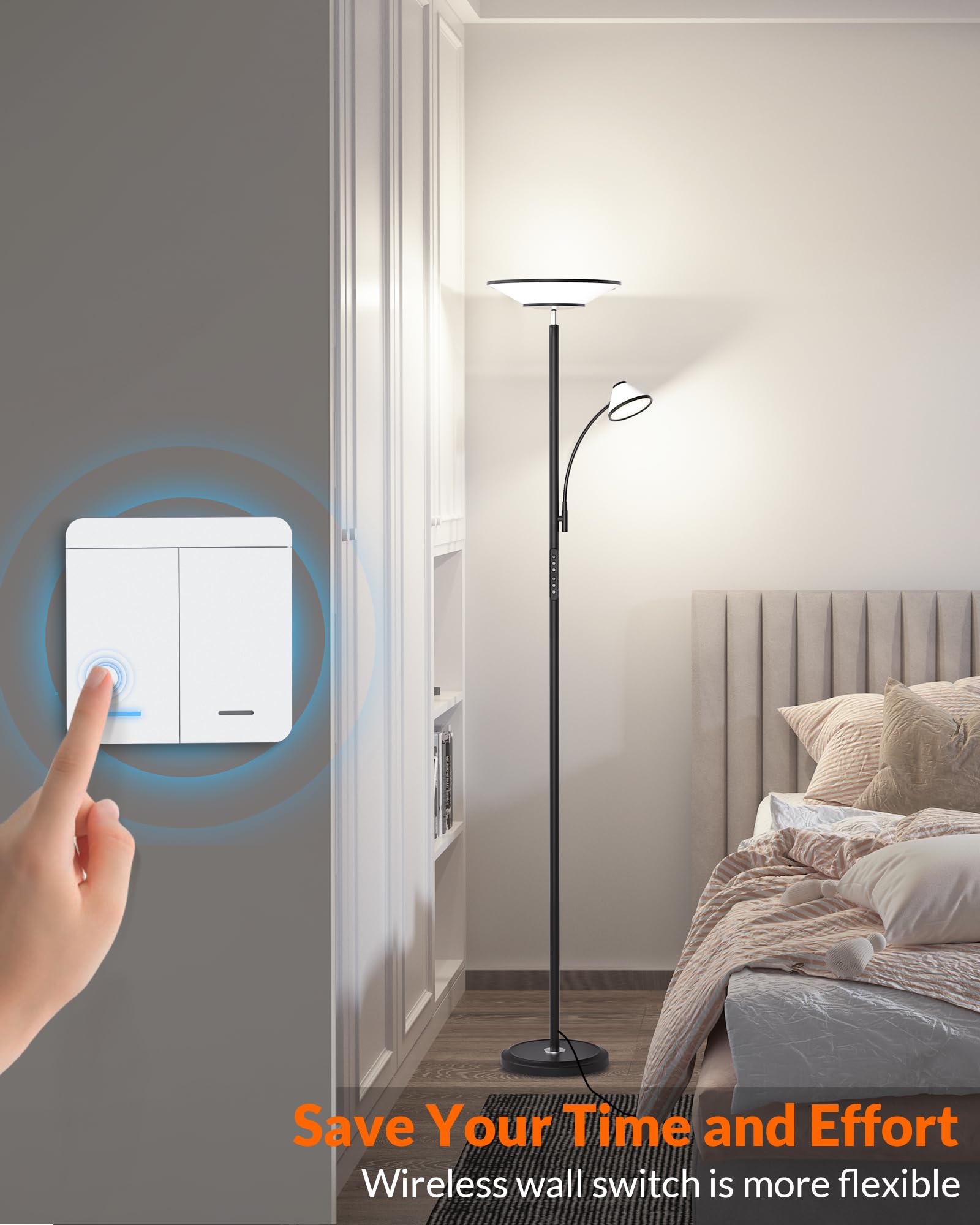 Bright LED Floor Lamp with Remote & Wall Switch - 60 Lighting Effects, Adjustable Torchiere Standing Lamp for Living Room, Bedroom, Office - Perfect for Reading, Relaxing & Ambient Lighting