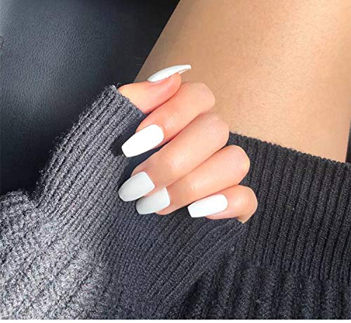 Brishow Matte Coffin False Nails - 24Pcs Ballerina Acrylic Stick on Nails, Full Cover Artificial Nail Tips for Women & Girls (White) | Perfect for Parties, Weddings & Everyday Glam