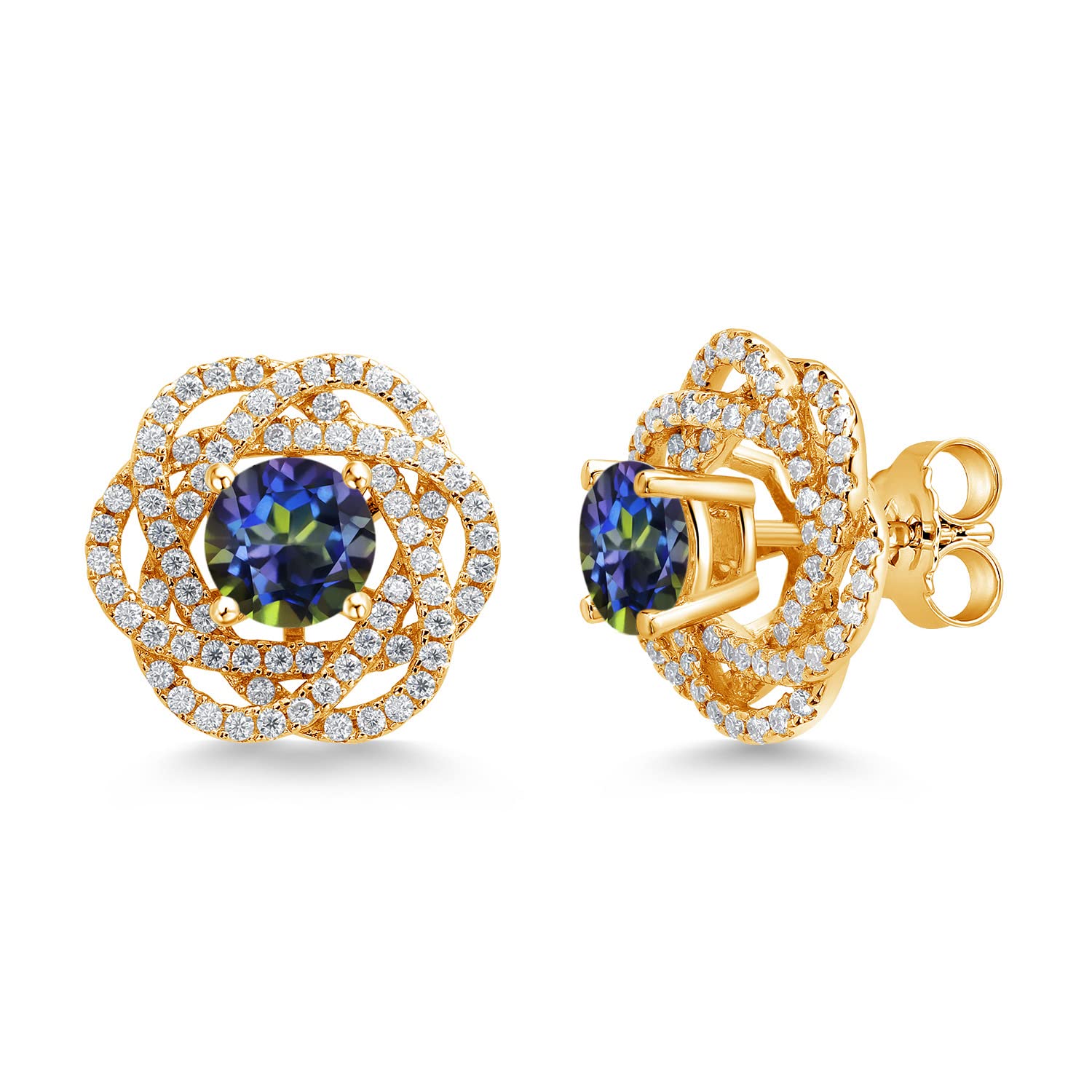 Gem Stone King 18K Gold Plated Sterling Silver 6MM Round Birthstone Stud Earrings with White Moissanite & Removable Jackets - Perfect Gift for Women, Birthday, Anniversary, Mother's Day & Everyday Wear