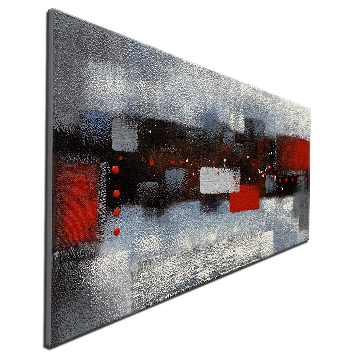 Large Abstract Red Gray Linen Wall Art - Hand Painted Textured Oil Painting on Canvas - Framed Ready to Hang 60x30 Inches - Perfect for Living Room, Bedroom & Office Decor