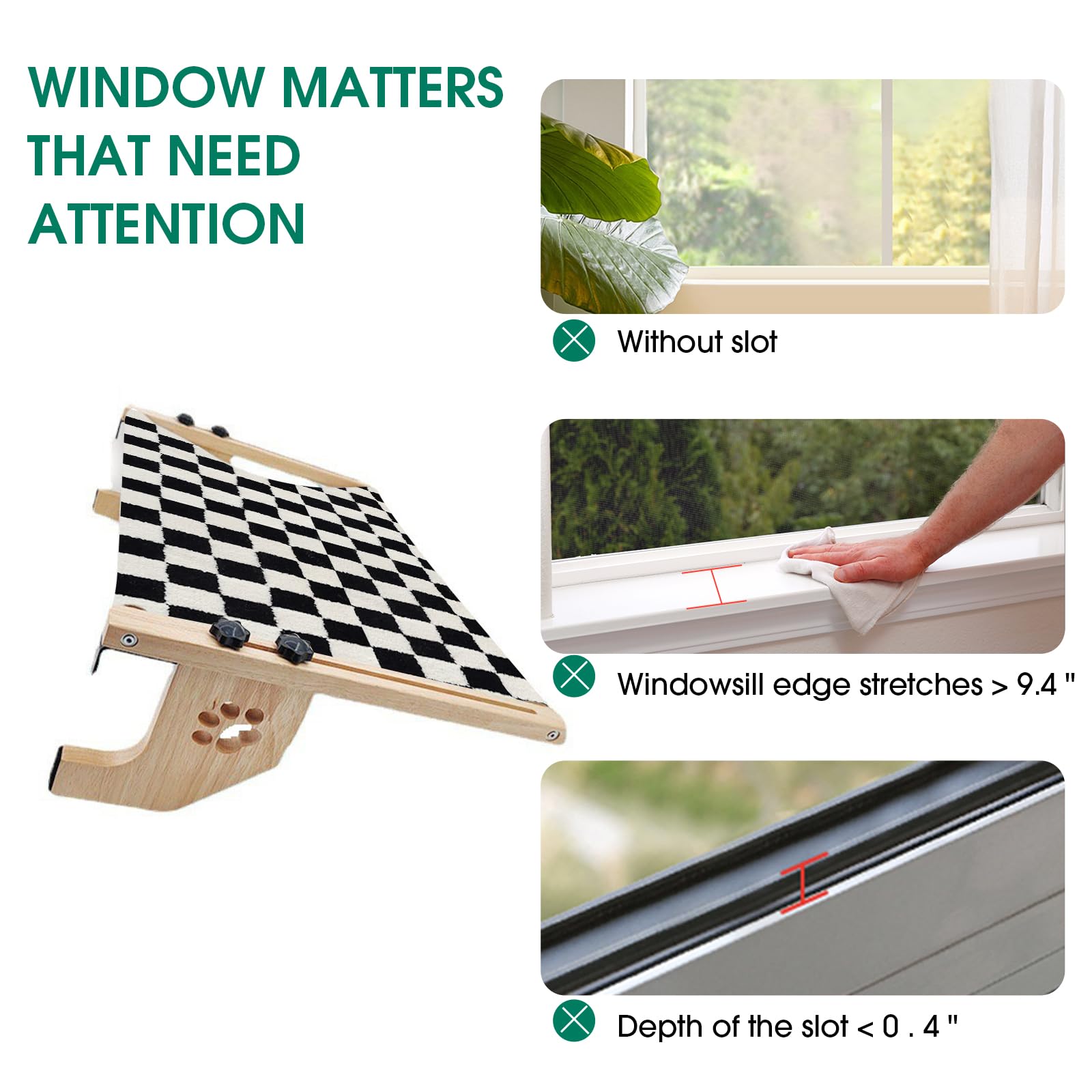 Gray Checkerboard Cat Window Perch with Wood Mat for Indoor Cats